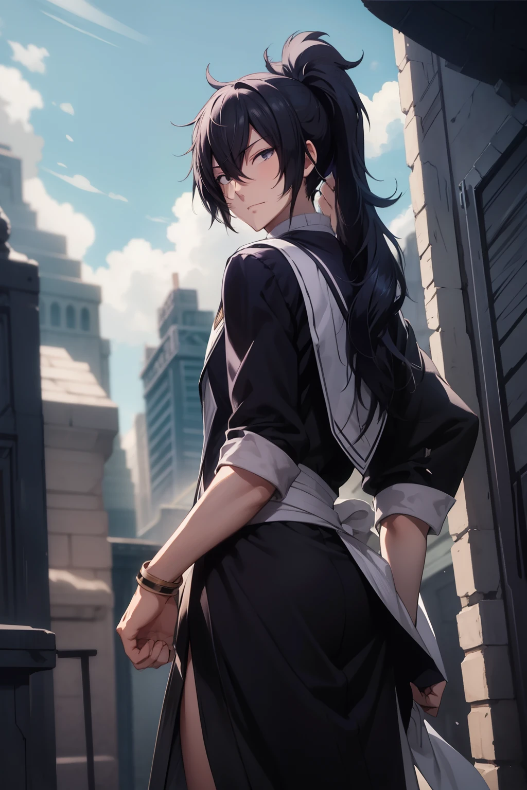 masterpiece, best quality, sketch, 1boy, solo, male focus, looking at viewer, , depth of field, , , mard_geer_fairy_tail, black hair, black eyes, ponytail, toga costume, planet,