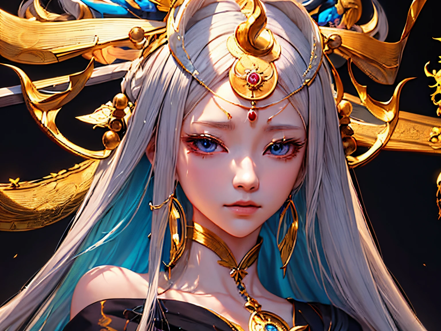 Anime girl with long blond hair and gold jewelry in front of black background, onmyoji detailed art, anime goddess, onmyoji portrait, onmyoji, white-haired god, the goddess artemis smirking, lunar goddess, Complex and gorgeous anime CGI style, beautiful fantasy empress, Works of the Goddess of Sorrow, lunar goddess, lunar goddess