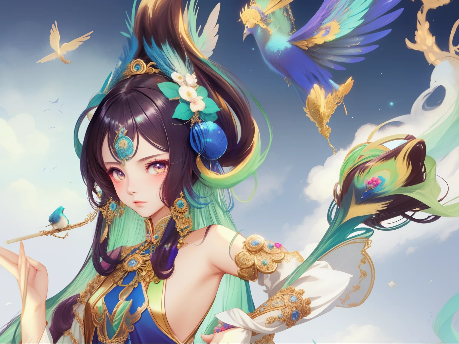 Dressed in fairy costumes、Anime girl holding peacock, Inspired by Lan Ying, beautiful fantasy empress, xianxia fantasy, Beautiful youthful spirit, Inspired by PwC, Astral Fairy, Inspired by Zhu Lian, Queen of the Sea Mu Yanling, chinese fantasy, heise jinyao, Bizarre fey traits, Inspired by Huang Shen