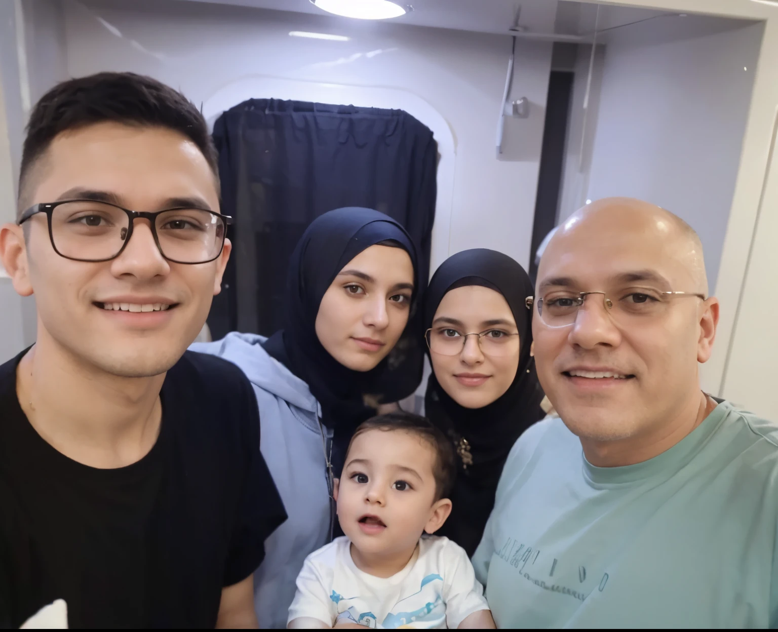 A picture of a beautiful family consisting of a father and a veiled mother holding a three--old twenty-year-old veiled girl, and a fifteen-year- with Mu glas, their clothes are similar to each other.