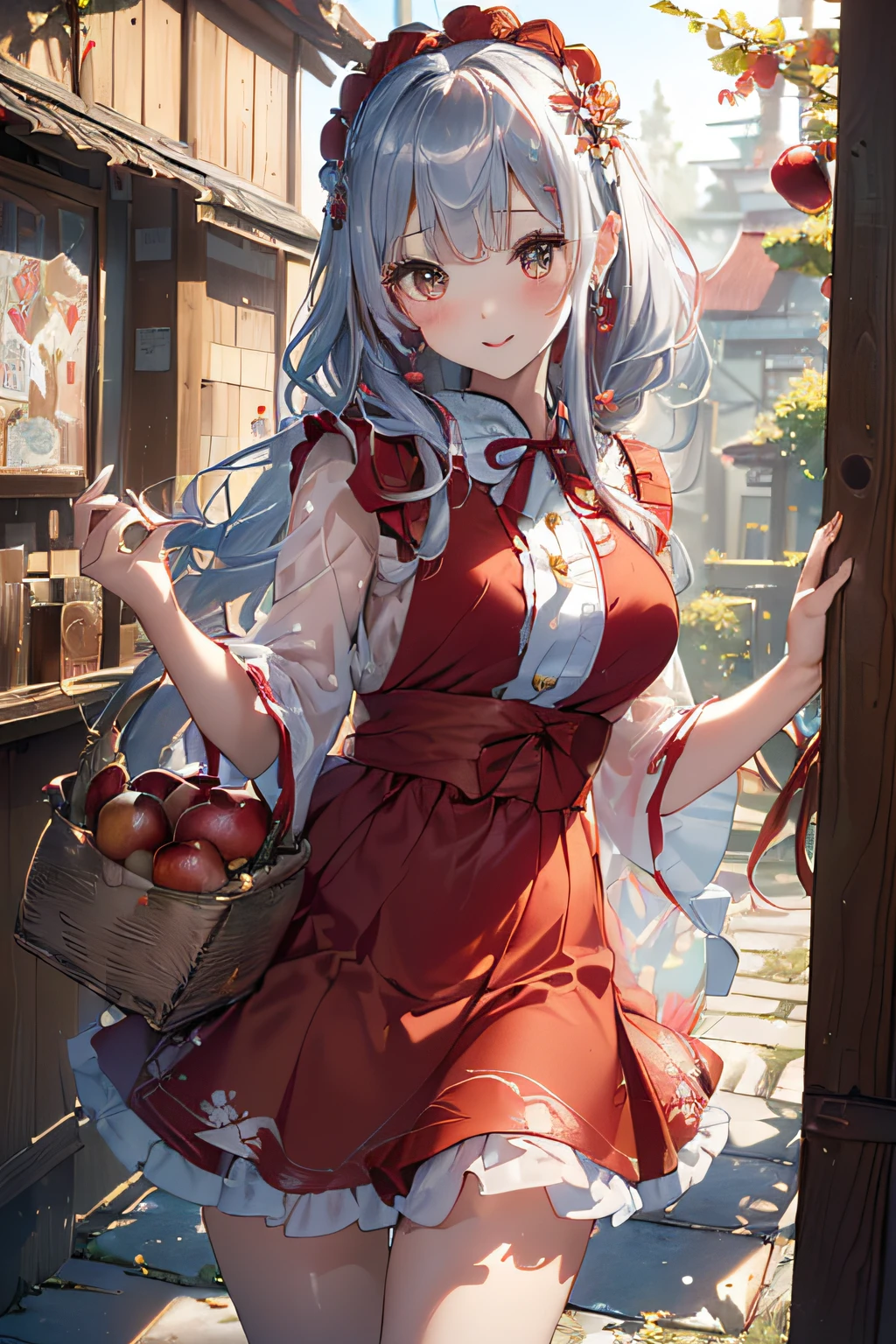 (ukiyoe painting:1.3),(3D Animation:1.3),(Fantasy style costumes),(Grimm fairy tale world),(Little Red Riding Hood,Little Red Riding Hood,red riding hood:1.3),(farmhouse entrance:1.3),(red little red riding hood:1.3),(((Red Tunic:1.3))),(((apples and bread in the basket),Cute and beautiful girl,Cute round face,Cute smile,with blush cheeks,Red Lip,(silver white hair,Floral braided headband,half up、Floral Braided Space Van,Voluminous Fishtail Braids,Twisted chignon,),(Bangs are see-through bangs),hair pin,hair adornments,detailed clothes features,Detailed hair features,detailed facial features,(Dynamic angles),(Dynamic and sexy poses),clothes that emphasize big breasts,Cinematic Light,(masutepiece,top-quality,Ultra-high resolution output image,depth of fields,intricate detailes,Make the subject look three-dimensional with the contrast of light and shadow,) ,(The 8k quality,Anatomically accurate facial structure,),(Sea Art 2 Mode:1.3),(Image Mode Ultra HD,)
