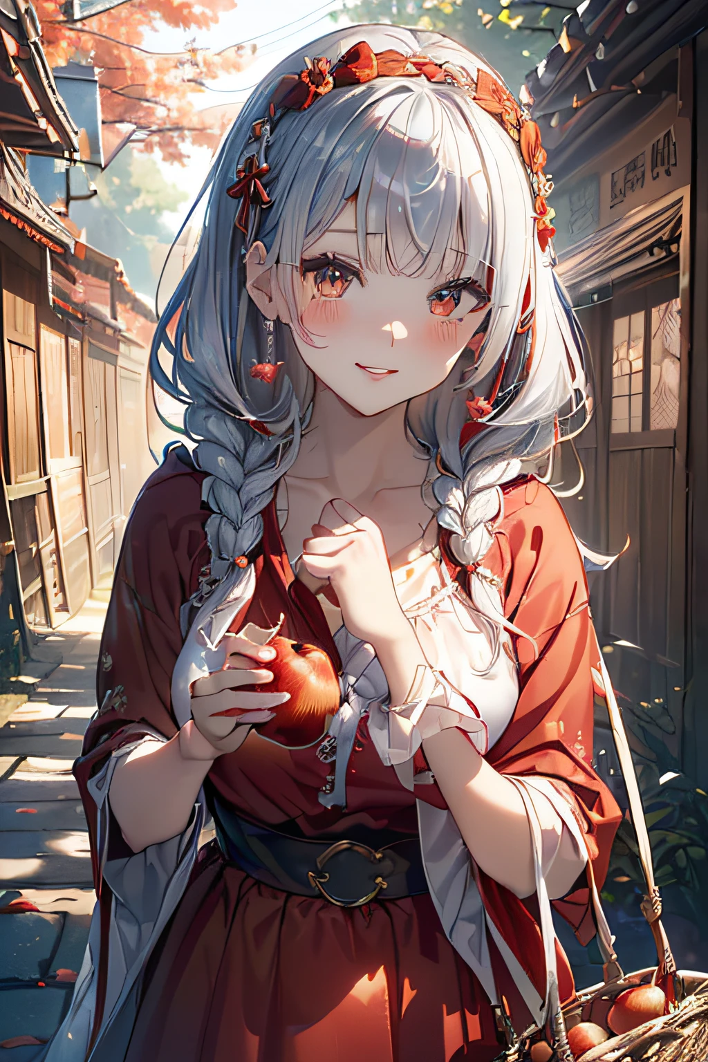(ukiyoe painting:1.3),(3D Animation:1.3),(Costumes in the style of fantasy),(Grimm fairy tale world),(Little Red Riding Hood,Little Red Riding Hood,red riding hood:1.3),(farmhouse entrance:1.3),(red little red riding hood:1.3),(((Red Tunic:1.3))),(((apples and bread in the basket),Cute and beautiful girl,Cute round face,Cute smile,with blush cheeks,Red Lip,(silver white hair,Floral braided headband,half up、Floral Braided Space Van,Voluminous Fishtail Braids,Twisted chignon,),(Bangs are see-through bangs),hair pin,hair adornments,detailed clothes features,Detailed hair features,detailed facial features,(Dynamic angles),(Dynamic and sexy poses),clothes that emphasize big breasts,Cinematic Light,(masutepiece,top-quality,Ultra-high resolution output image,depth of fields,intricate detailes,Make the subject look three-dimensional with the contrast of light and shadow,) ,(The 8k quality,Anatomically accurate facial structure,),(Sea Art 2 Mode:1.3),(Image Mode Ultra HD,)
