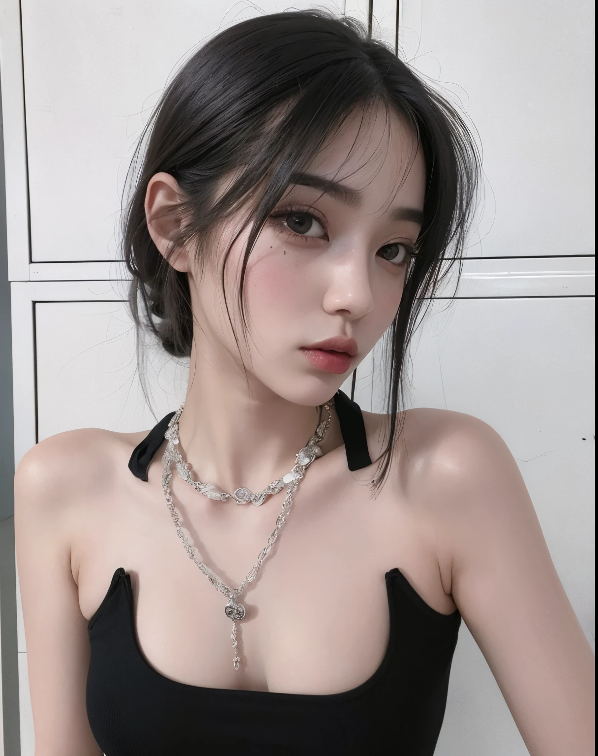 Mulher com um top preto e um colar e uma saia preta, cruel korean goth girl, Ulzzang, usando gargantilha, dilraba dilmurat, Yanjun Chengt, Xintong Chen, goth girl aesthetic, pale goth beauty, Wenfei Ye, 1 7 - year - old goth girl, Xision Wu, 18 anos