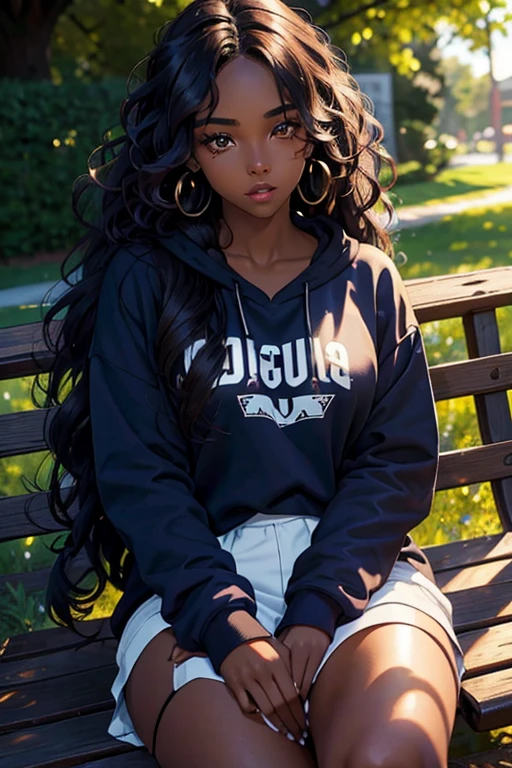 Gabriel Union, 1 beautiful young woman, long hair, curly hair, a lot of make-up, dark skin, portrait. Sitting on a park bench in a college sweatshirt, hands under her chin, Semi-realistic face shot, long head, big nose, big lips, ebony skin, mischievous, attractive, attention to depth, angle view, academia