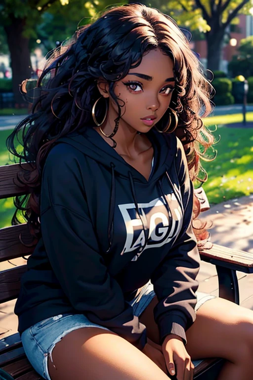 Gabriel Union, 1 beautiful young woman, long hair, curly hair, a lot of make-up, dark skin, portrait. Sitting on a park bench in a college sweatshirt, hands under her chin, Semi-realistic face shot, long head, big nose, big lips, ebony skin, mischievous, attractive, attention to depth, angle view, academia