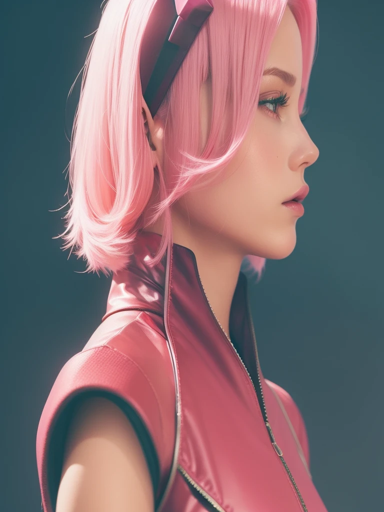 young woman, porcelain skin, long bubblegum pink hair, big pink lips, big emerald green eyes, pink eyebrows, red clothes, Sakura Haruno, 3d, realism, black gloves