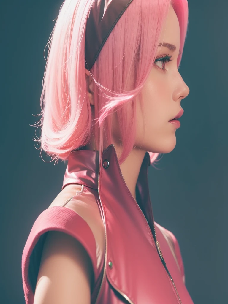 young woman, porcelain skin, long bubblegum pink hair, big pink lips, big emerald green eyes, pink eyebrows, red clothes, Sakura Haruno, 3d, realism, black gloves