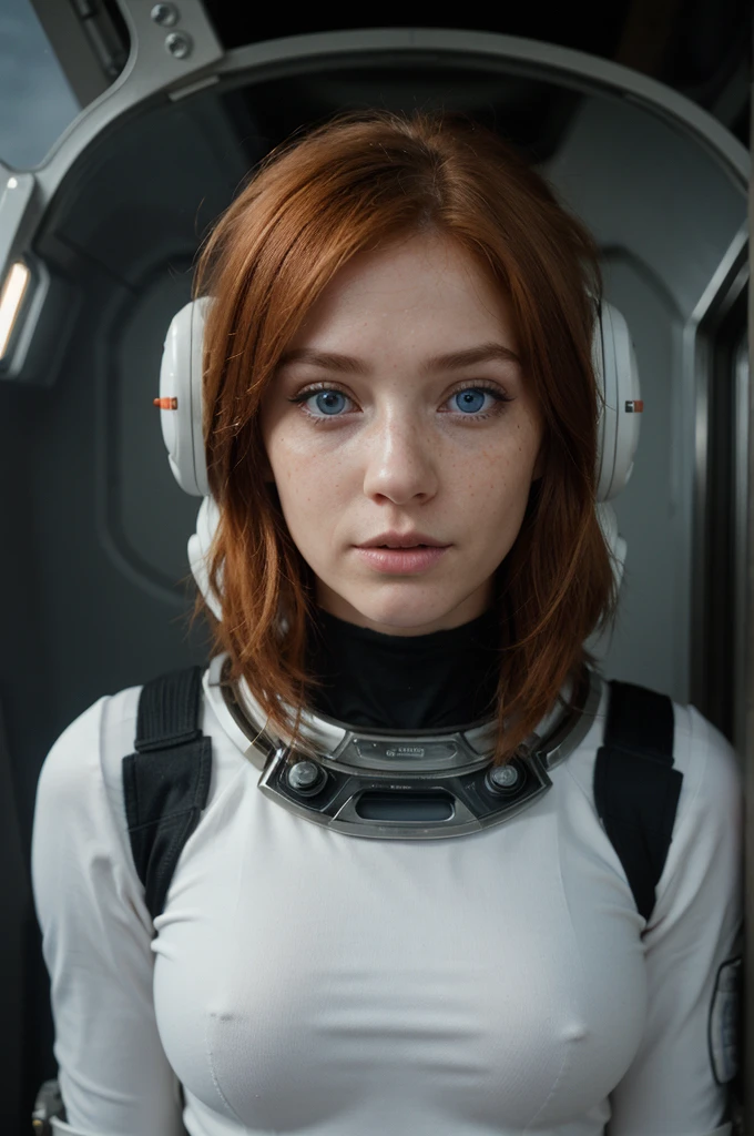 (best quality,4k,ultra-detailed,realistic),portrait,ginger woman,space,futuristic space suit,cute face,blue eyes,detailed eyes,freckles:0.8,sci-fi,dystopian
