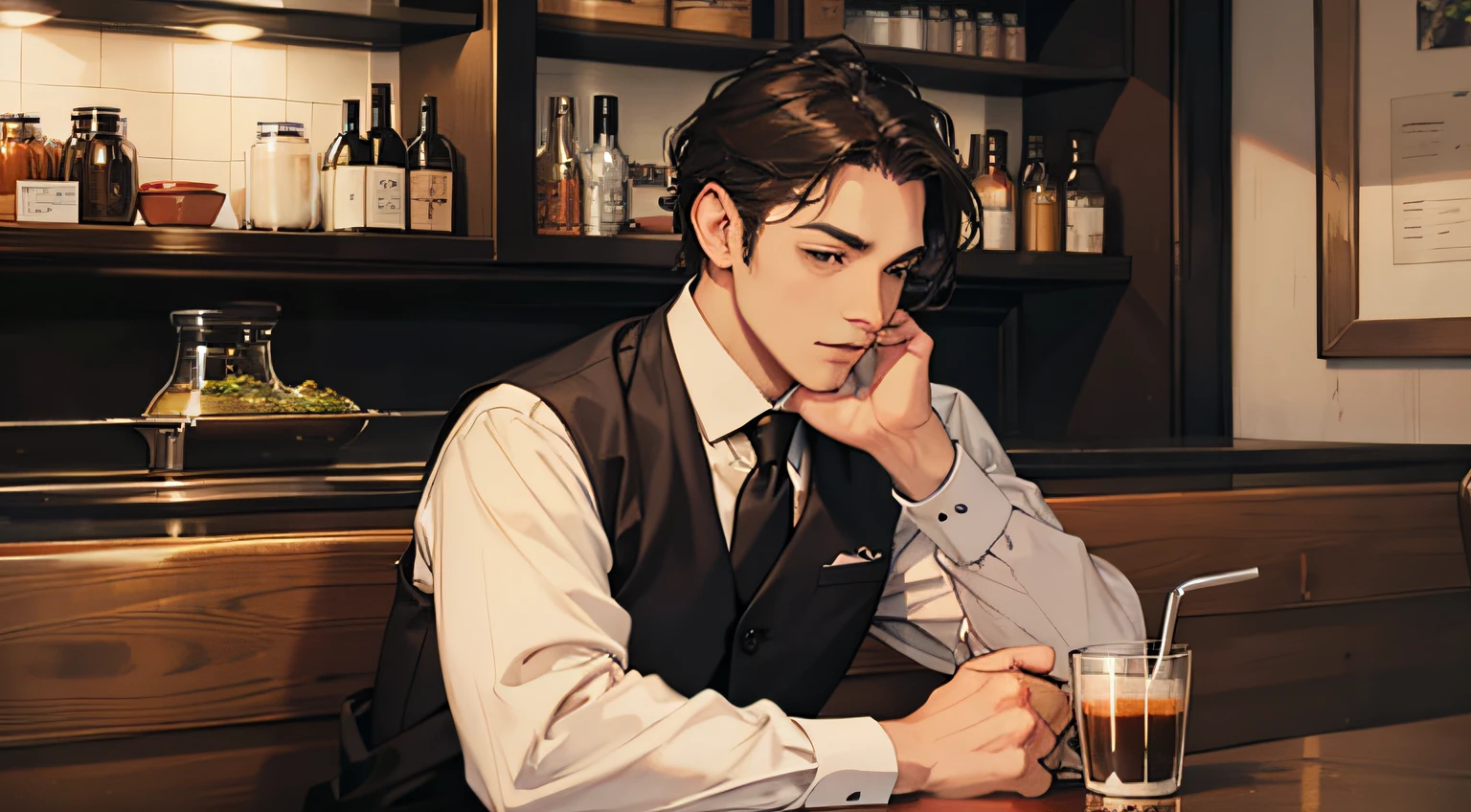 A man in a casual coat, sitting in a fancy restaurant