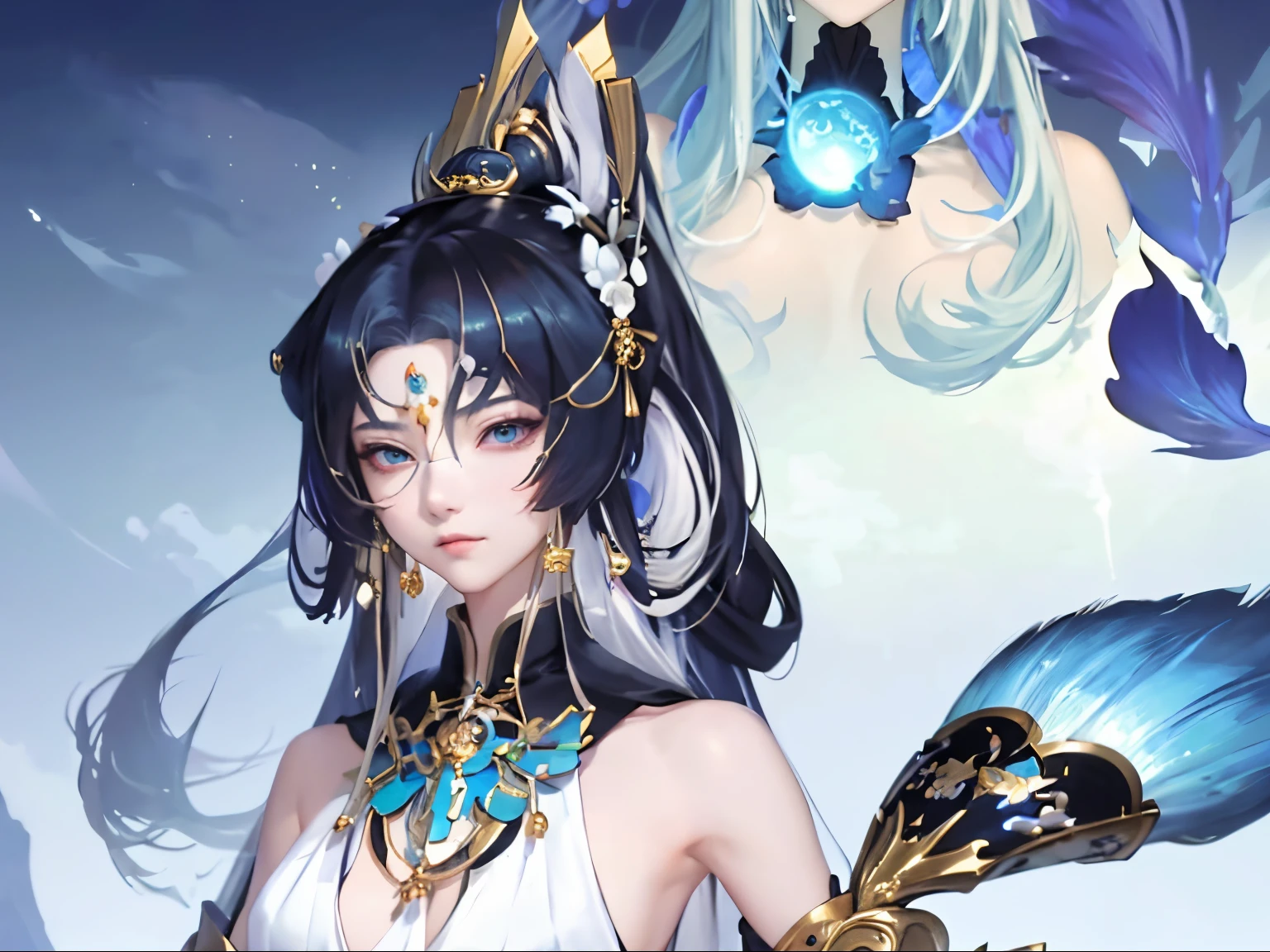 Anime girl with long blond hair and gold jewelry in front of black background, onmyoji detailed art, anime goddess, onmyoji portrait, onmyoji, white-haired god, the goddess artemis smirking, lunar goddess, Complex and gorgeous anime CGI style, beautiful fantasy empress, Works of the Goddess of Sorrow, lunar goddess, lunar goddess