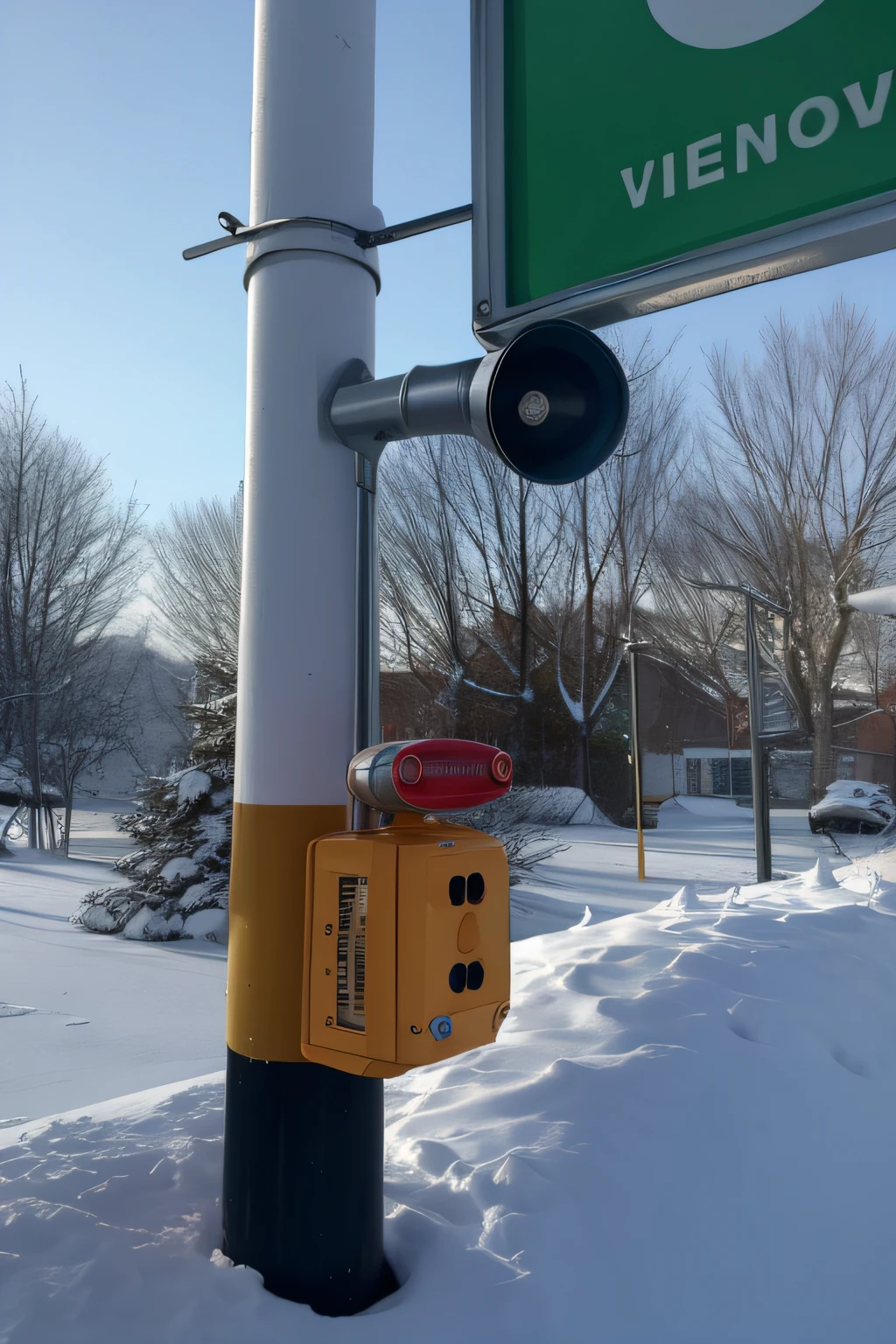 There is an emergency phone on a pole in the snow