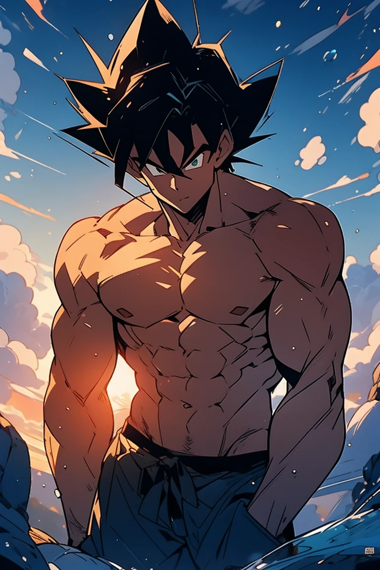 Son Goku, 80s tv anime image, handsome muscular shirtless swimmer guy, perfect body, full body, dark emerald and gold, ((best quality)), ((masterpiece)), (detailed), perfect face