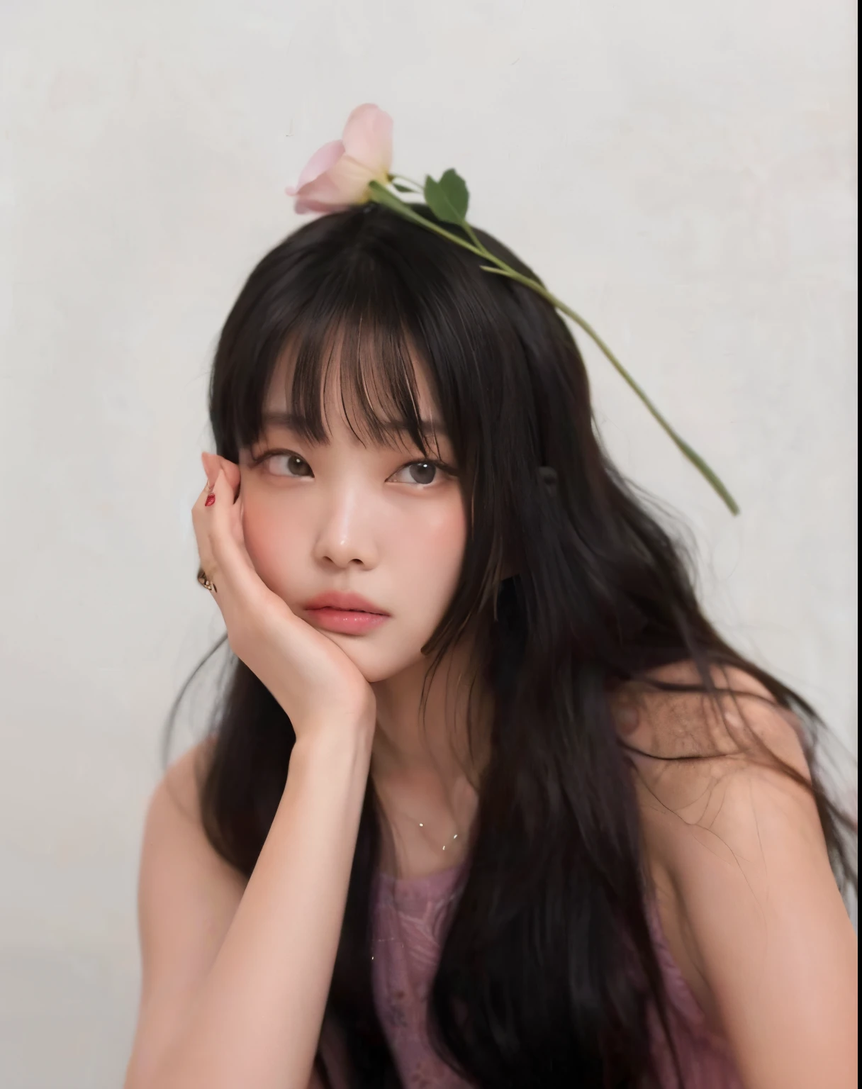 um close up de uma mulher com cabelos longos e uma flor no cabelo, Lalisa Manobal, Chiho, Shikami, dilraba dilmurat, chan sakimi, Ulzzang, O corte Hime, Jinyoung Canela, com franja, cabelos longos com franja, Causas Yasumoto, Yukii Morita