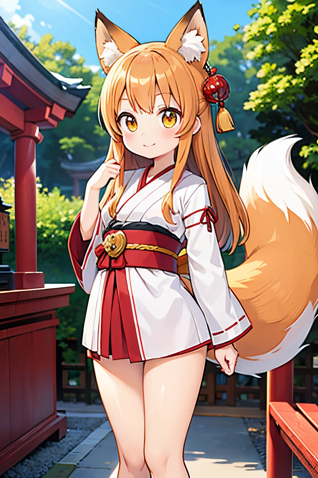 masutepiece, Best Quality, Extremely detailed, Anime, girl,shrine,smile,fox ears,fox tail,shrine maiden costume