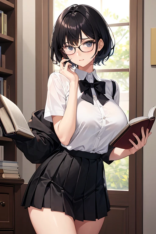 1 girl, (slim body:1.3), big breasts, black hair, short hair, white shirt, pleated skirt, glasses, reading book,