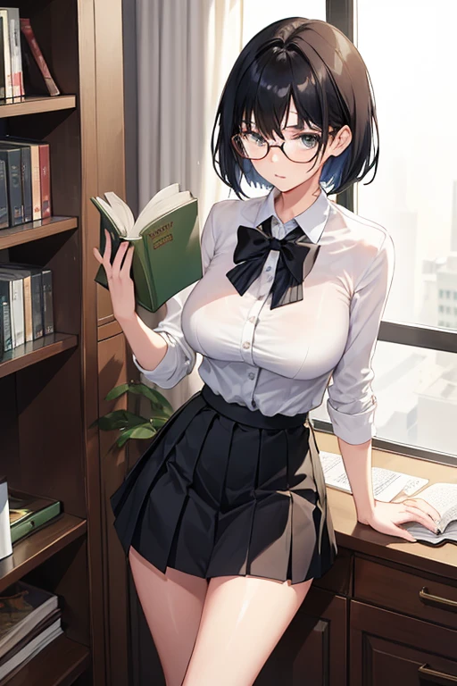 1 girl, (slim body:1.3), big breasts, black hair, short hair, white shirt, pleated skirt, glasses, reading book,