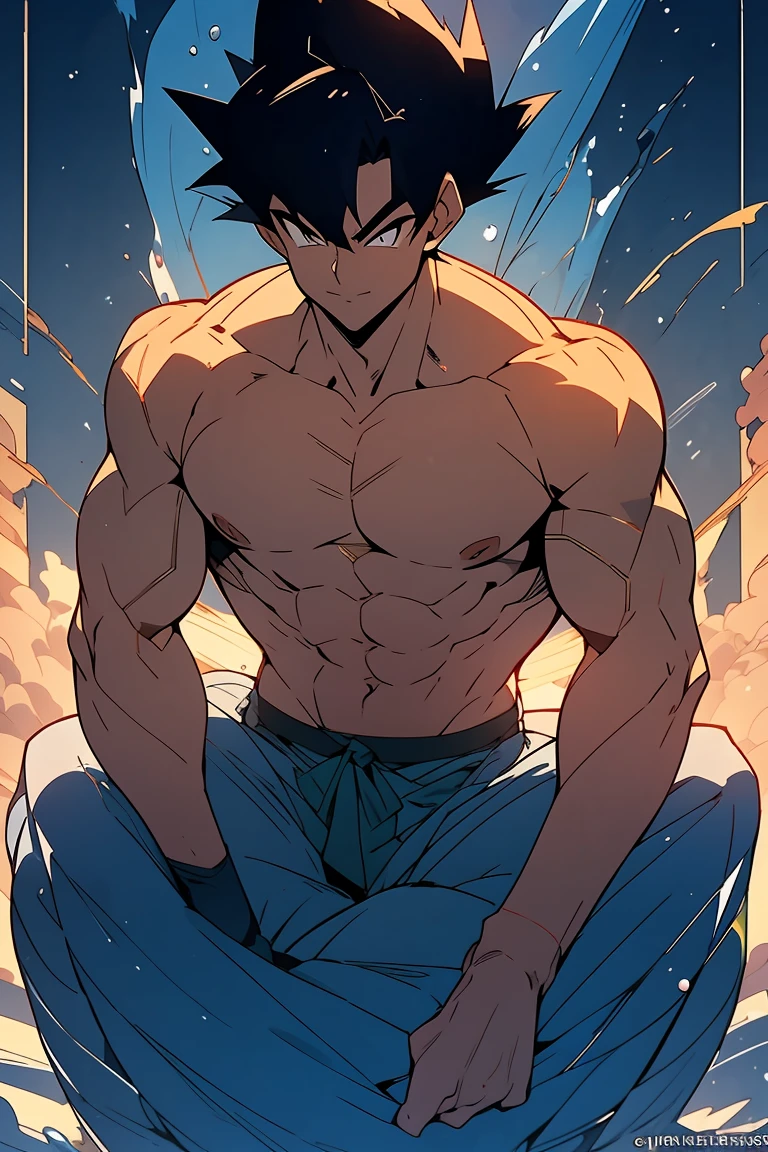 Son Goku, 80s tv anime image, handsome muscular shirtless swimmer guy, perfect body, full body, dark emerald and gold, ((best quality)), ((masterpiece)), (detailed), perfect face