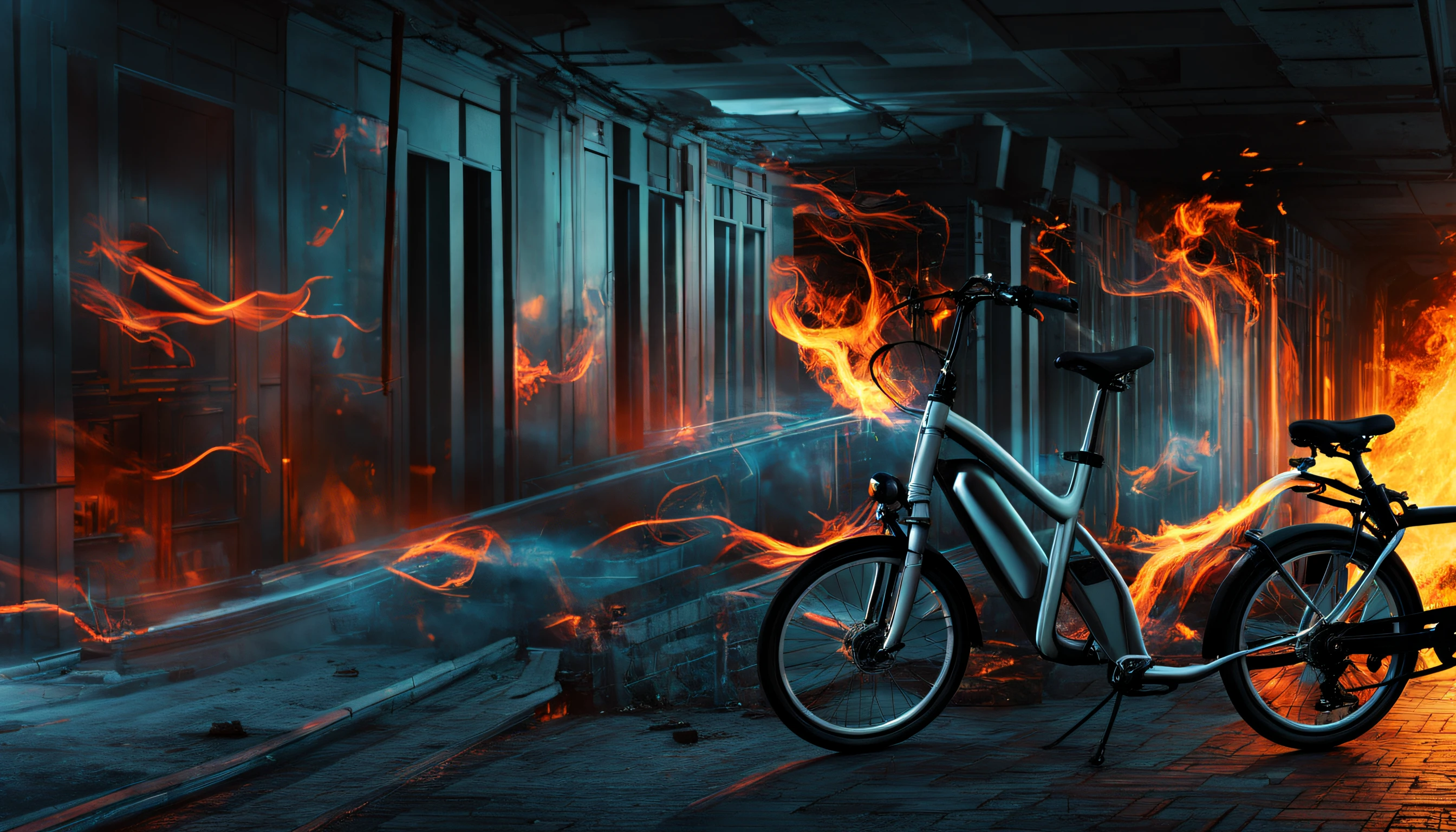 In modern corridor,There are electric bicycles,Electric bike is on the right,Electric bike is on fire,blaze,ashes,The environment is slightly darker,composite poster,Depth-of-fie,high high quality,Oh really,hyper HD
