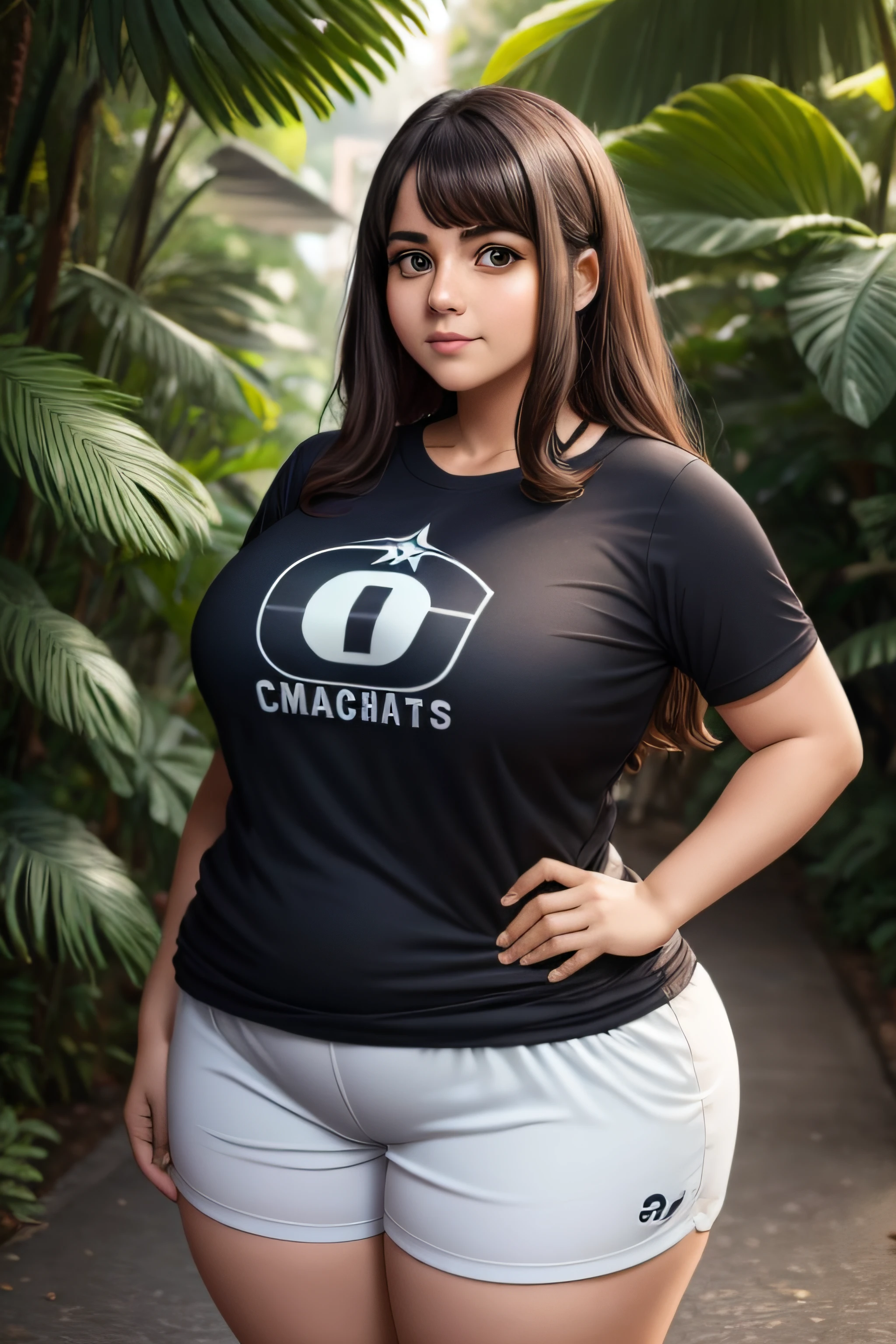 bbw, obesa, corpo pera, ochaco, roupas esportivas, shorts preto, camiseta branca, olhos pensativos, indecisa, cidade a noite, de costas pro visualisador, suada, noite estrelada, casas detalhadas, vegetation, rosto fofo, muito bonita, sedutora