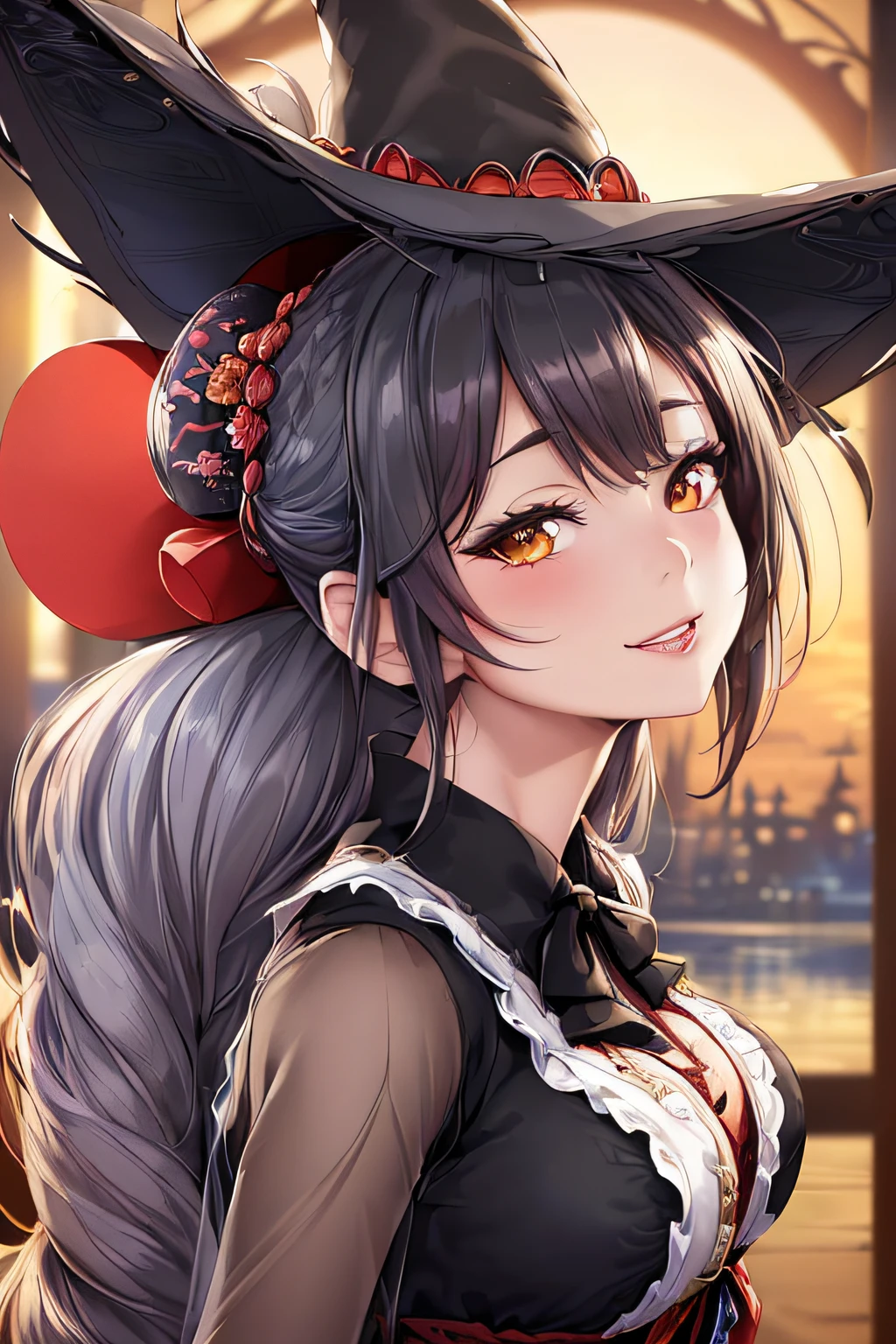 (ukiyoe painting:1.3),(3D anime fantasy art:1.3),(Grimm fairy tale world),(Portrait of a witch with a magic wand:1.3),(Cinderella's Castle in the background:1.3),(((victorian gothic dress:1.3))),(((Black Witch'large hat:1.3))),Cute and beautiful girl,Cute round face,Cute smile,with blush cheeks,Red Lip,(silver white hair,Floral braided headband,half up、Floral Braided Space Van,Voluminous Fishtail Braids,Twisted chignon,),(Bangs are see-through bangs),hair pin,hair adornments,detailed clothes features,Detailed hair features,detailed facial features,(Dynamic angles),(Dynamic and sexy poses),Cinematic Light,(masutepiece,top-quality,Ultra-high resolution output image,depth of fields,intricate detailes,Make the subject look three-dimensional with the contrast of light and shadow,) ,(The 8k quality,Anatomically accurate facial structure,),(Sea Art 2 Mode:1.3),(Image Mode Ultra HD,)