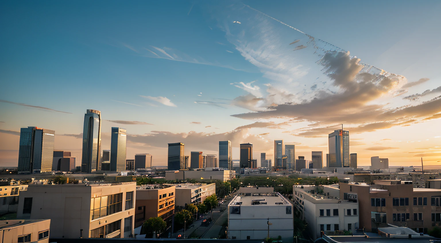 Nearby commercial buildings with the Los Angeles skyline during sunrise