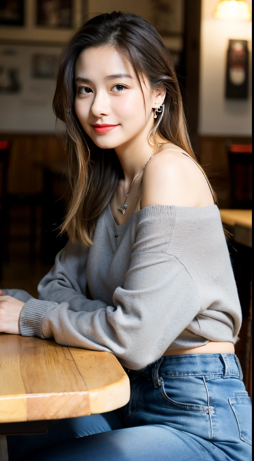 Best Quality, masutepiece, 超A high resolution,(Photorealistic:1.4), (Raw photo:1.2), (sit a chair:1.2), (detailed buttocks:1.1), In the restaurant,half_Smile, Detailed eyes, (Looking at Viewer:1.2), (gray casual clothes), (casual pants:1.2), (Beautiful face:1.2), (French Twist:1.2), Colossal tits, girl with, 18 years old, deepshadow, Dark theme, heart tattoo on neck, Earring, Cute necklace