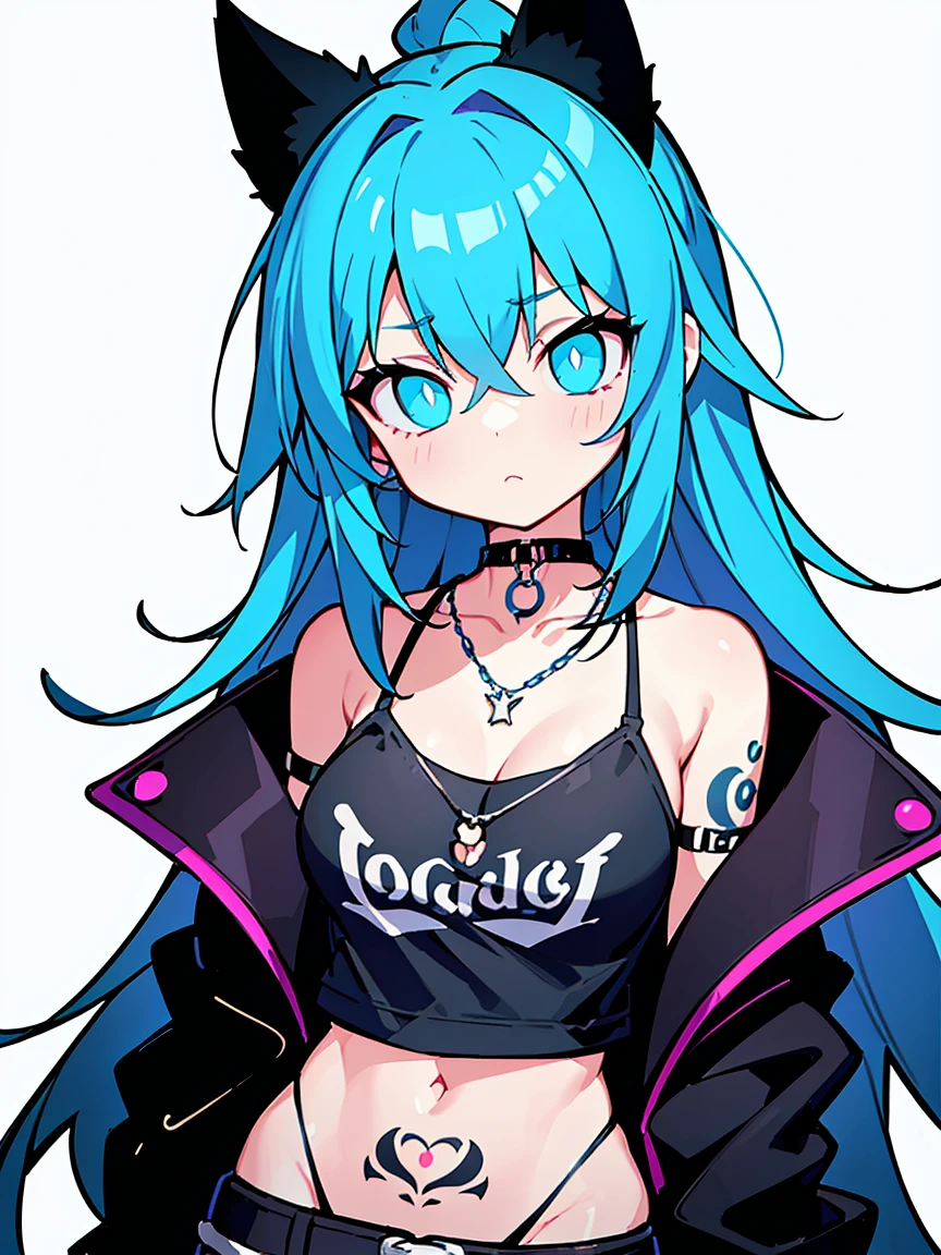 (Masterpiece, Best quality, ultra high resolution),1girl,oni girl,(colored skin,blue skin,blue skin tone),black t-shirt, choker,rock punk fashion, beautiful and detailed face, detailed eyes,