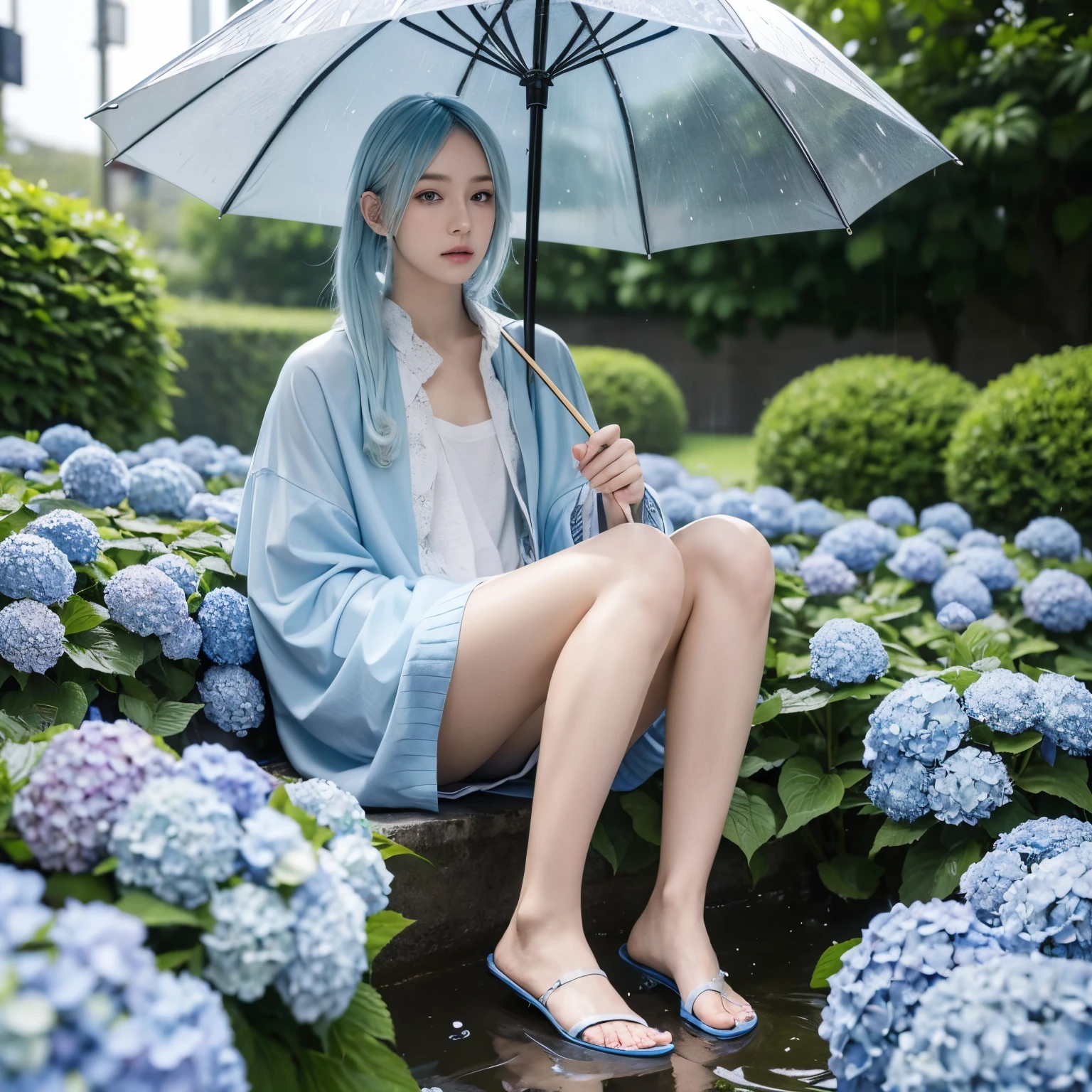 of a guy，Blue pupil，A masterpice，Beautiful picture quality，Light，4k，rained，Holding an umbrella，long baby blue hair，A large field of hydrangeas in the background，There is a stream at your feet，Looking into the camera sadly