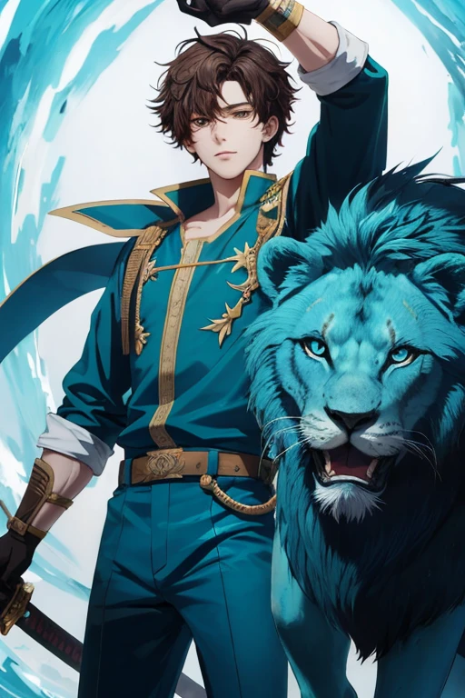 Anime boy with semi-curly dark brown hair teal eyes and sword talking with glowing blue lion