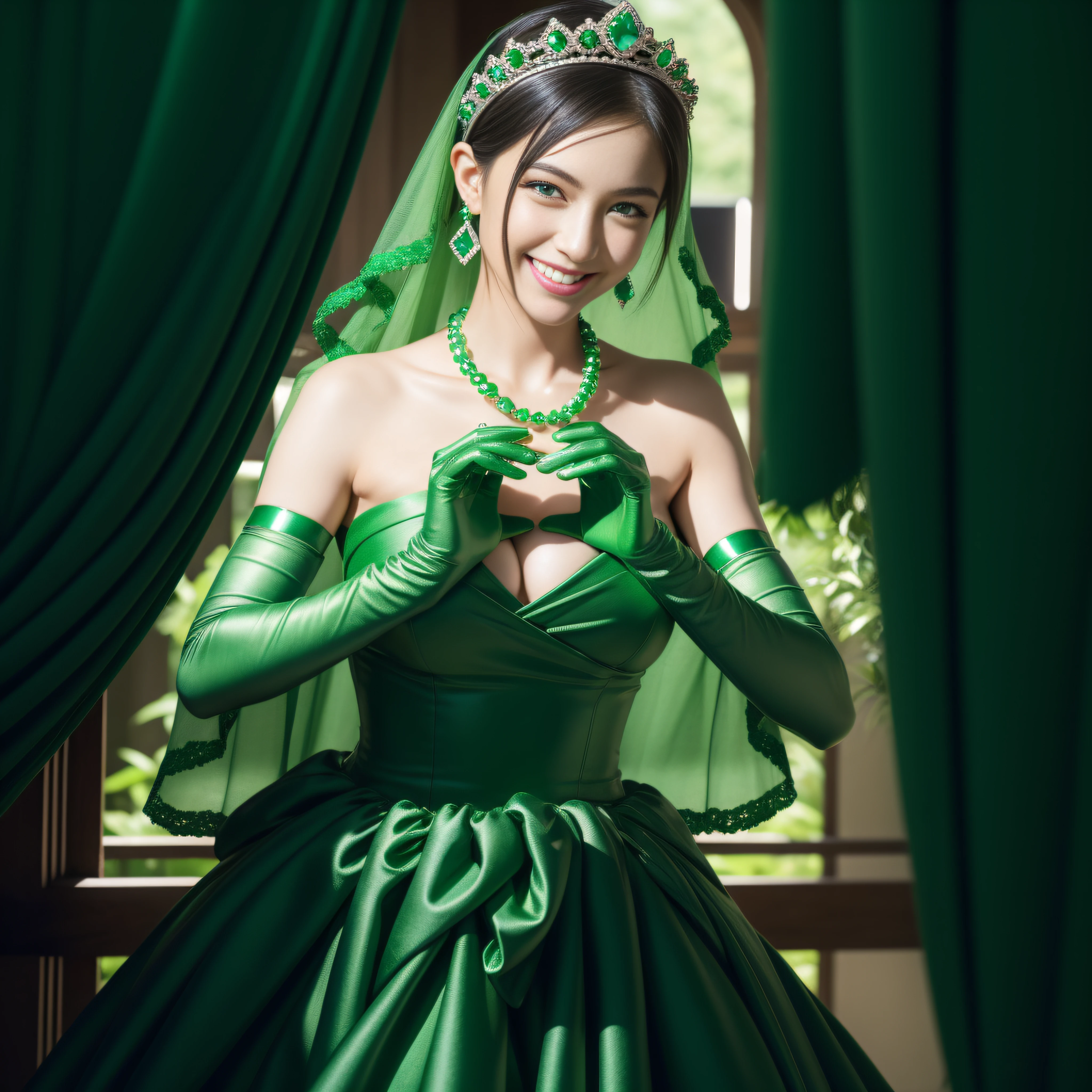 emerald tiara, Green Pearl Necklace, Boyish very short green hair, lipsticks, Japan woman smiling, very short short hair,  big breasts beautiful, Green eyes, Long green gloves made of satin material, Green eyes, Emerald Earrings, green vale, Heart with both hands, Green hair