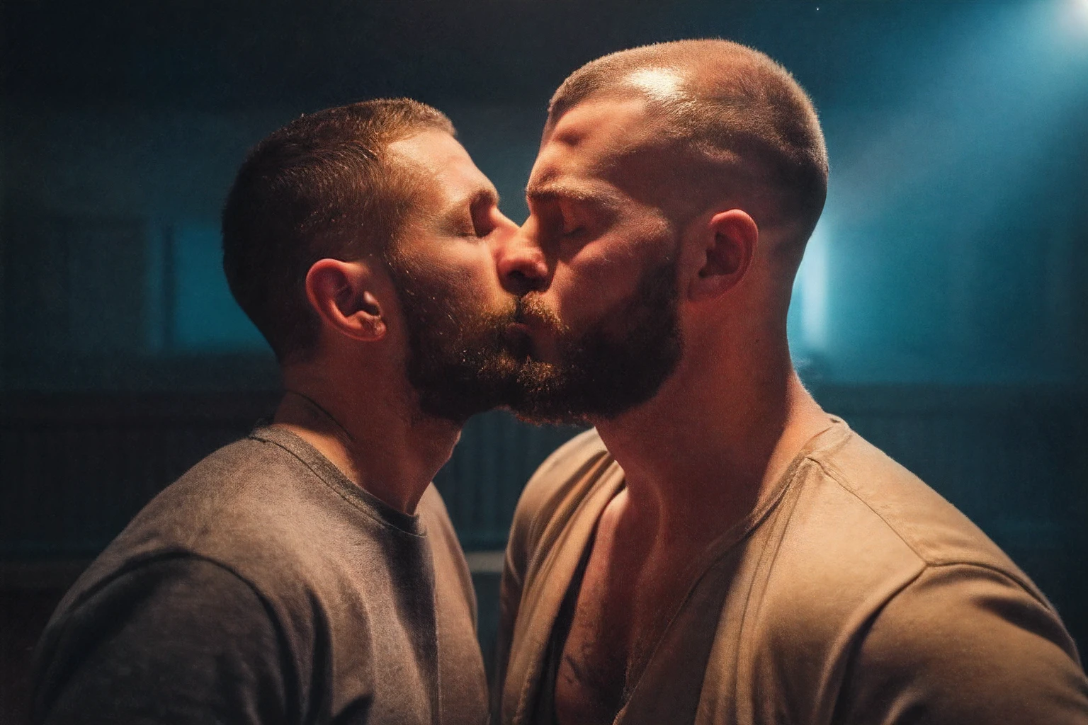 forbidden love, masterpiece, best quality, 2boys, adult males, beards, chavs, rough, dirty, Mancunian, mean, bullies, druggies, skinheads, in the neighbourhood, , soft kiss , romantic, realistic, dramatic lighting, atmospheric, intricate detail, epic shot, still image
