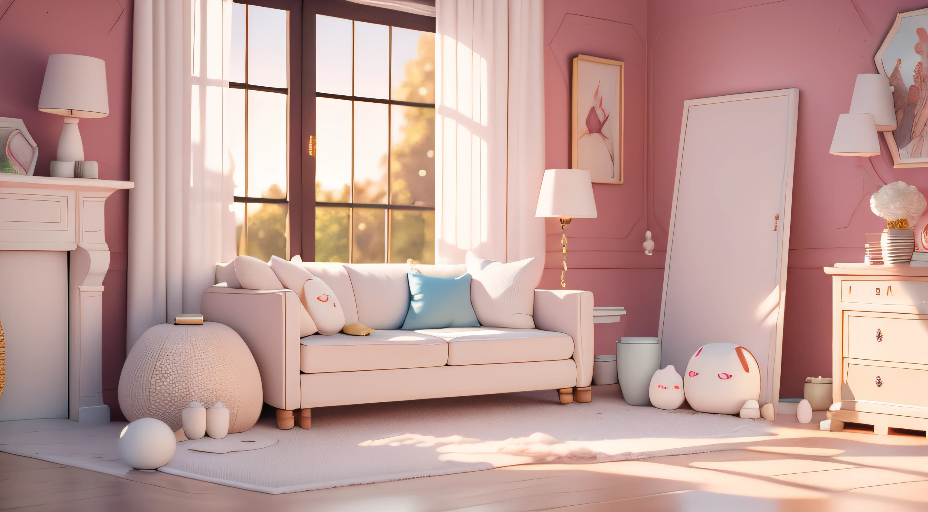 liveroom,sofe,hugging pillow,Draw one,Decorative style,Terrazzo,the setting sun,scenecy,inside a room,4K,tmasterpiece,A high resolution,extremly intricate)(realistically:1.4),3D clay rendering,white backgrounid,c4d