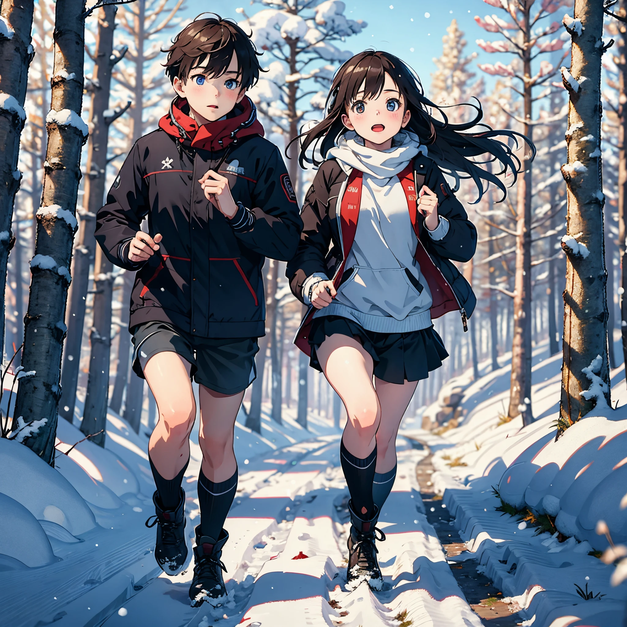 ((Best Quality, 8K, Masterpiece:1.3)), (Photorealistic, Ultra Detail, Clear Focus 1:0), (Original Photo, Lighting: 1:1), detailed face, face focus, A boy and a girl, winter clothing, running around, Winter forests, surrounded by white birches and covered with snow, The sky is clear