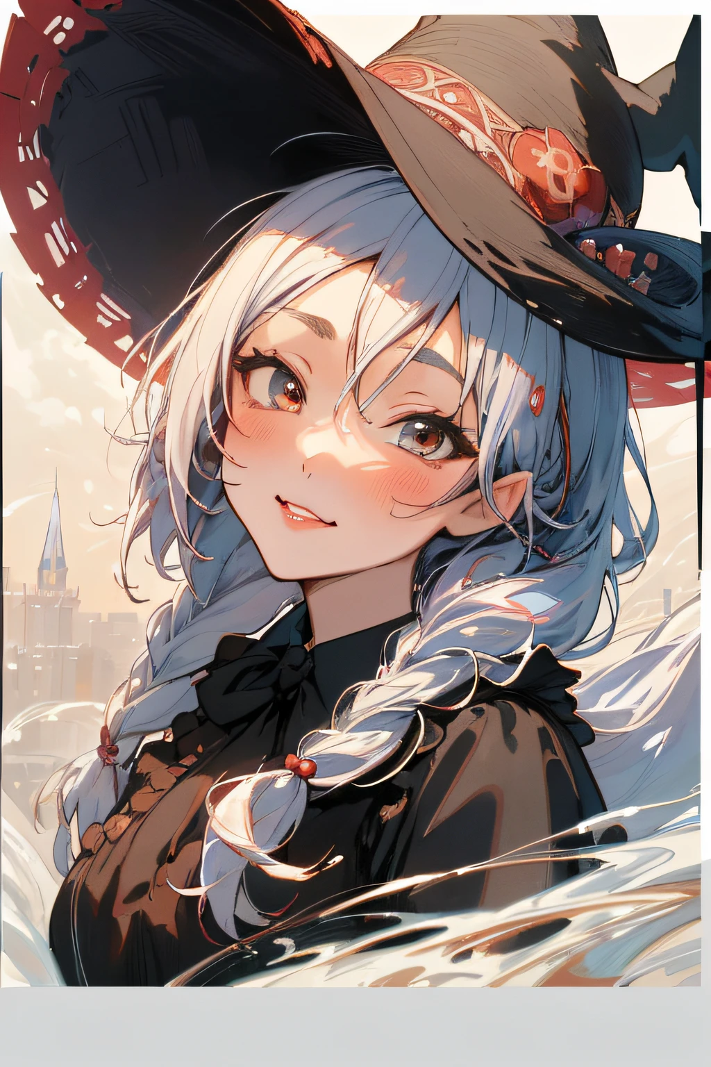 (ukiyoe painting:1.3),(3D anime fantasy art:1.3),(Grimm fairy tale world),(Portrait of a witch with a magic wand:1.3),(Cinderella's Castle in the background:1.3),(((victorian gothic dress:1.3))),(((Black Witch'large hat:1.3))),Cute and beautiful girl,Cute round face,Cute smile,with blush cheeks,Red Lip,(silver white hair,Floral braided headband,half up、Floral Braided Space Van,Voluminous Fishtail Braids,Twisted chignon,),(Bangs are see-through bangs),hair pin,hair adornments,detailed clothes features,Detailed hair features,detailed facial features,(Dynamic angles),(Dynamic and sexy poses),Cinematic Light,(masutepiece,top-quality,Ultra-high resolution output image,depth of fields,intricate detailes,Make the subject look three-dimensional with the contrast of light and shadow,) ,(The 8k quality,Anatomically accurate facial structure,),(Sea Art 2 Mode:1.3),(Image Mode Ultra HD,)