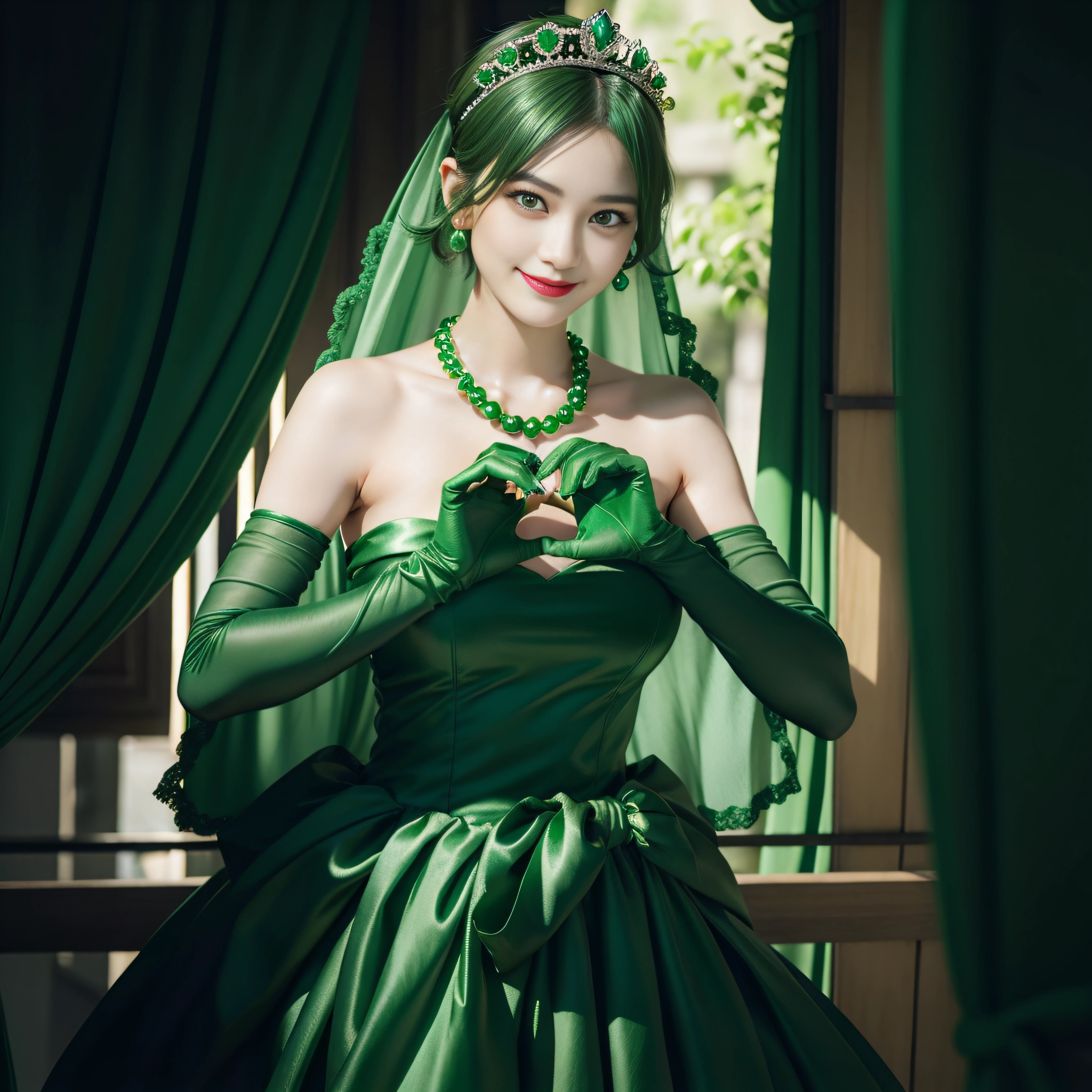 emerald tiara, Green Pearl Necklace, Boyish very short green hair, lipsticks, Japan woman smiling, very short short hair,  big breasts beautiful, Green eyes, Long green gloves made of satin material, Green eyes, Emerald Earrings, green vale, Heart with both hands