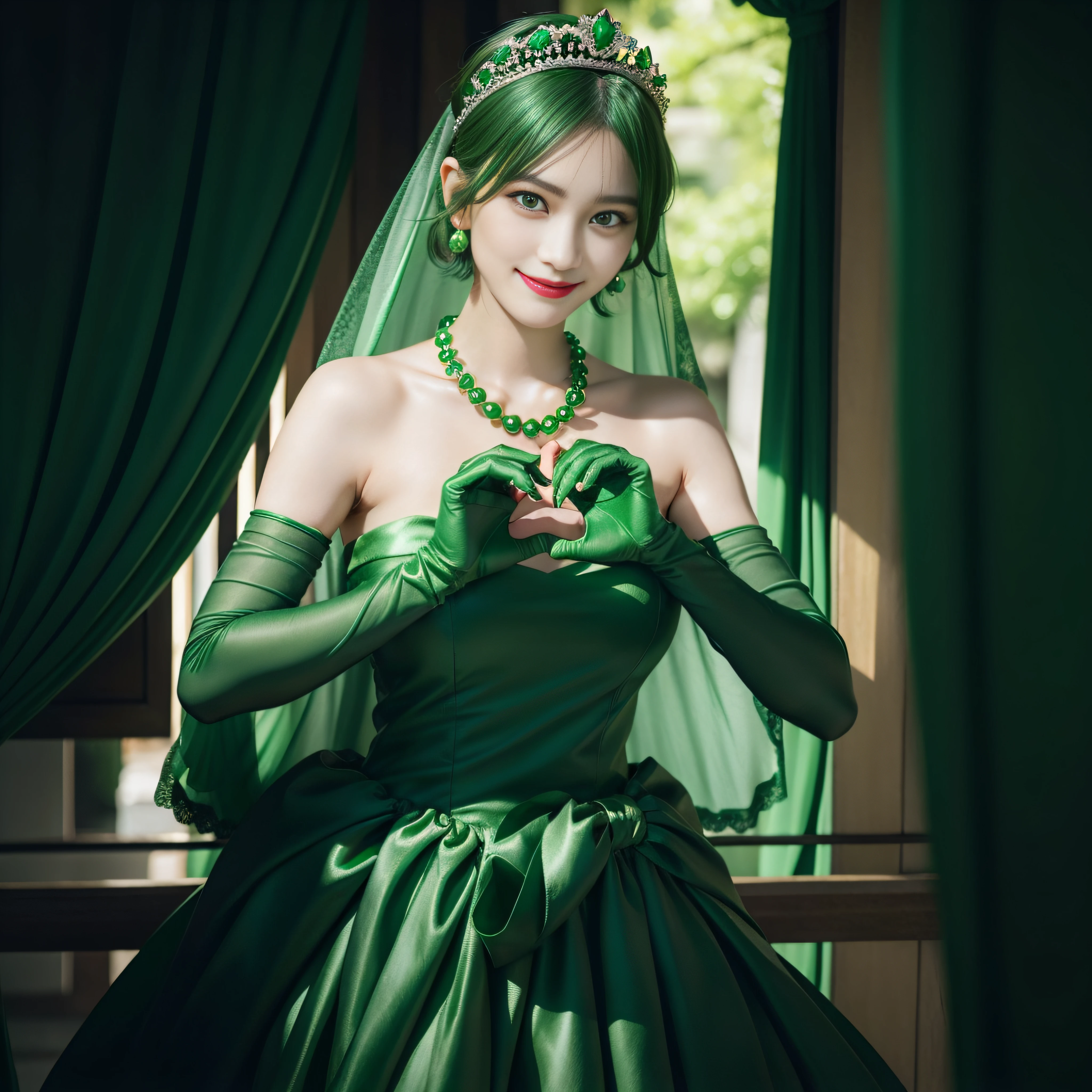 emerald tiara, Green Pearl Necklace, Boyish very short green hair, lipsticks, Japan woman smiling, very short short hair, big breasts beautiful, Green eyes, Long green gloves made of satin material, Green eyes, Emerald Earrings, green vale, Heart with both hands
