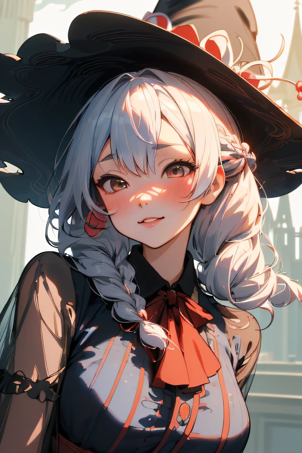 (ukiyoe painting:1.3),(3D anime fantasy art:1.3),(Grimm fairy tale world),(Portrait of a witch with a magic wand:1.3),(Cinderella's Castle in the background:1.3),(((victorian gothic dress:1.3))),(((Black Witch'large hat:1.3))),Cute and beautiful girl,Cute round face,Cute smile,with blush cheeks,Red Lip,(silver white hair,Floral braided headband,half up、Floral Braided Space Van,Voluminous Fishtail Braids,Twisted chignon,),(Bangs are see-through bangs),hair pin,hair adornments,detailed clothes features,Detailed hair features,detailed facial features,(Dynamic angles),(Dynamic and sexy poses),Cinematic Light,(masutepiece,top-quality,Ultra-high resolution output image,depth of fields,intricate detailes,Make the subject look three-dimensional with the contrast of light and shadow,) ,(The 8k quality,Anatomically accurate facial structure,),(Sea Art 2 Mode:1.3),(Image Mode Ultra HD,)