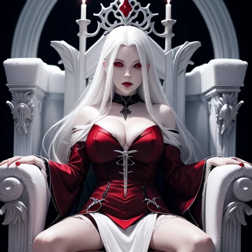 a vampire, vampire woman, with platinum hair, long hair, heavy, platinum hair, very white skin, skin as white as snow, red eyes, ruby ​​eyes, sitting on a throne, a throne of bones.  black dress, big neckline, big breasts, - 4k