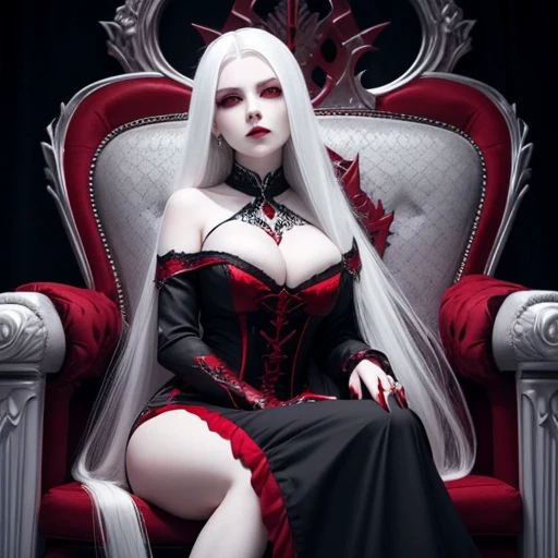 a vampire, vampire woman, with platinum hair, long hair, heavy, platinum hair, very white skin, skin as white as snow, red eyes, ruby eyes, sitting on a throne, a throne of bones. black dress, big neckline, big breasts, - 4k