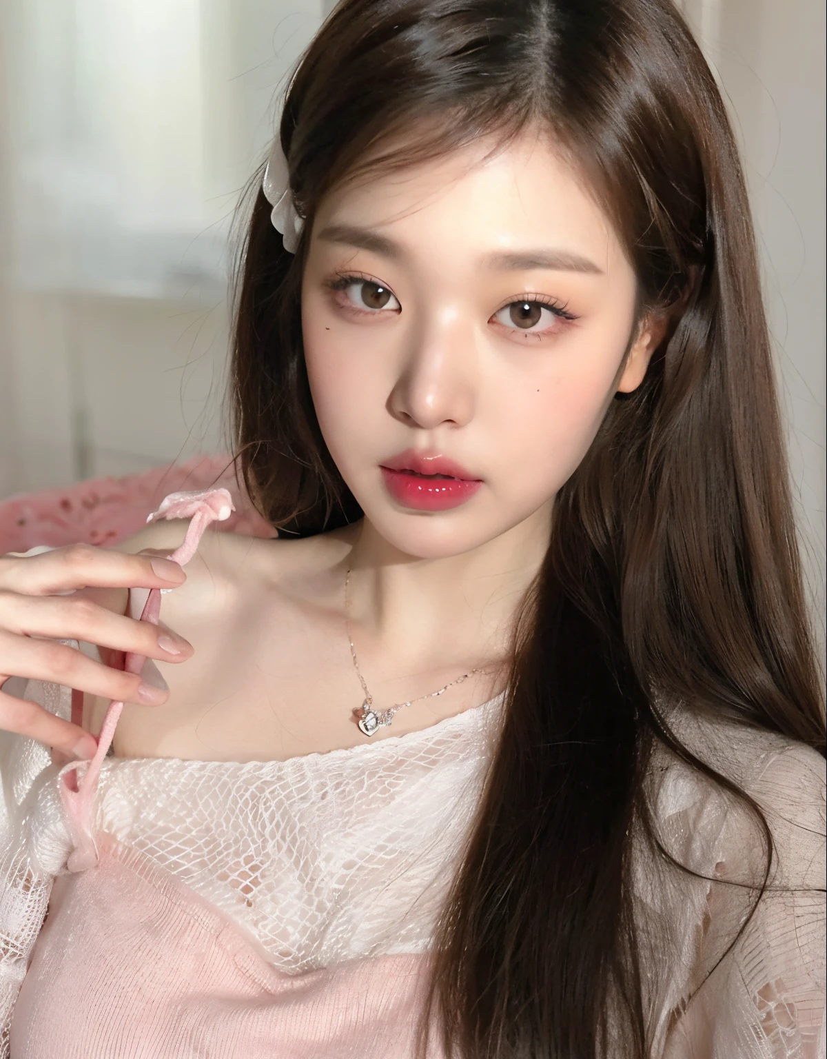 Un primer plano de una mujer con el pelo largo con un vestido rosa, ulzzang, maquillaje popular de Corea del Sur, pale porcelain white skin, maquillaje coreano popular, Sakimichan, thin, pale lips, pale fair skin!!, pale snow white skin, maquillaje suave, Labios claros y de alta calidad, pale milky white porcelain skin, pale round face, piel blanca lechosa