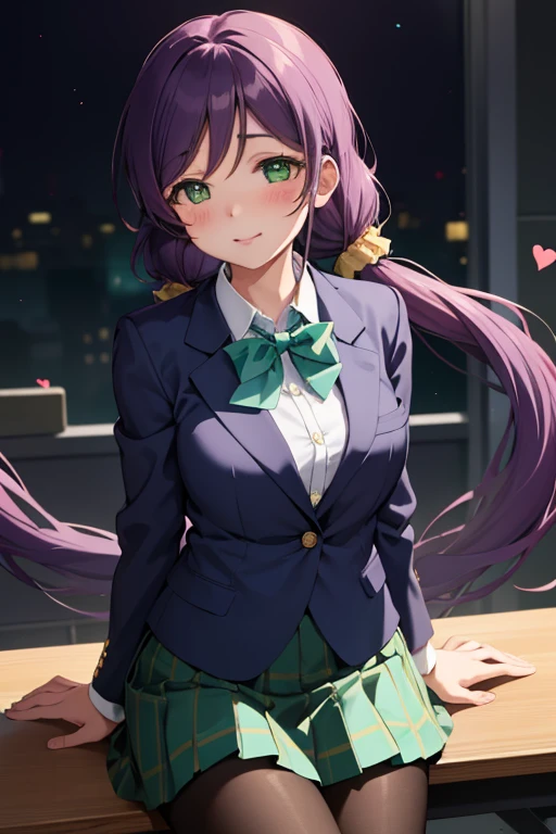 1girl in, Nozomi Tojo, (Green eyes:1.5), Purple hair, Twin-tailed, low twintails, Scrunchie, (Very long hair:1.1), otonokizaka school uniform, (Blue pleated skirt:1.1), School uniform, Blue skirt, (blue blazer jacket:1.2), (green bowtie:1.2), 
sitting at the desk, chest protruding from clothes,, slight smile, Looking at Viewer, POV, blush, Large breasts, Solo Focus, floating hearts,
masutepiece, Best Quality, beautifullydetailedbackground, Cinematic lighting, Particle, School, crass room, Night, Dark,Black pantyhose