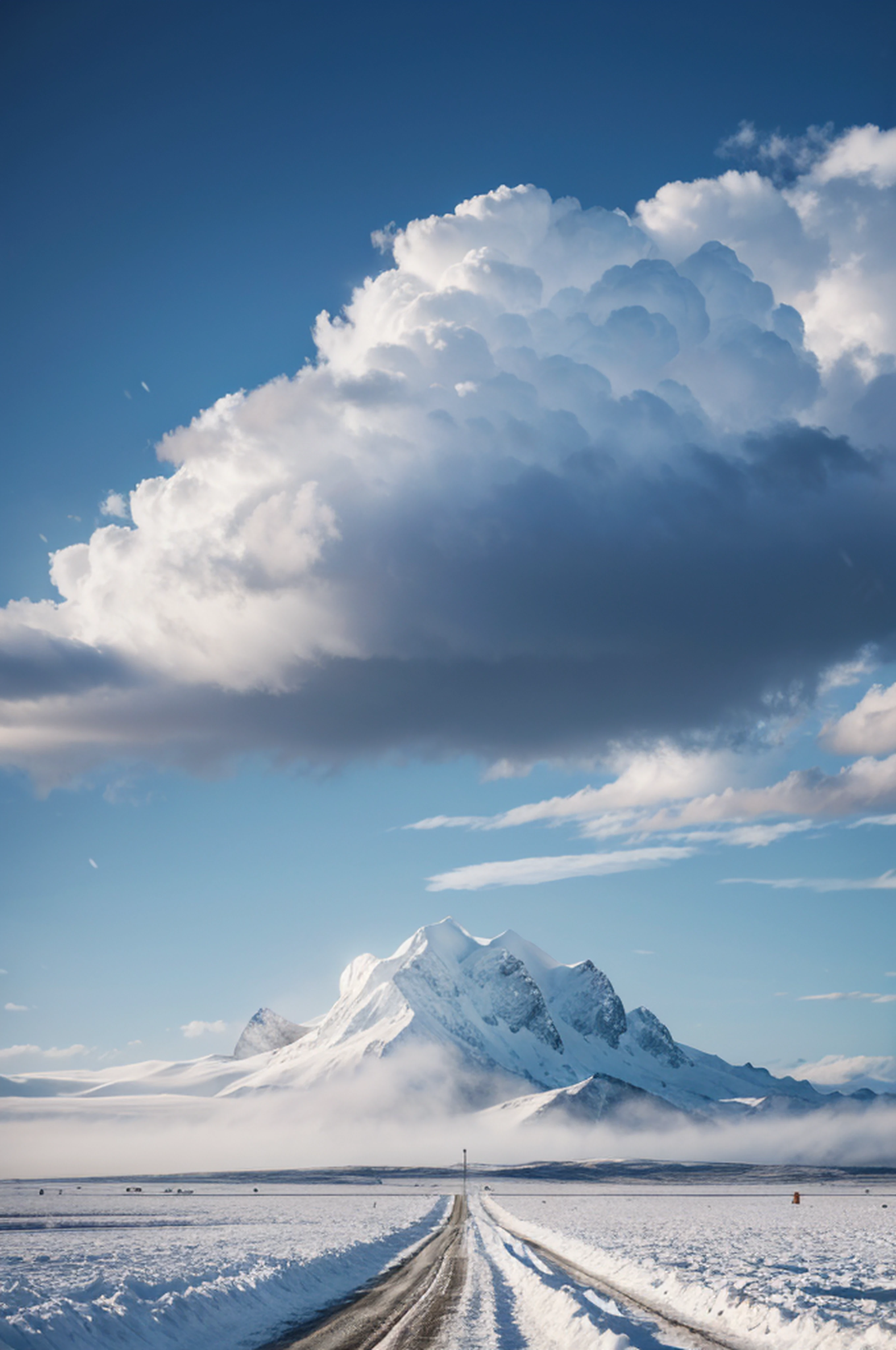 (Super quality:1.4)(tmasterpiece:1.4)(Realistic details:1.4)(The wind is beautiful:1.2)(Light shines directly from above:1.1)It will snow in winter,at noon,Sunlight shines,Break through snow and oncoming traffic,As far as the eye can see, there is a vast plain stretching as far as the eye can see.,clouds on the horizon,covered in silver,Blizzarding,An epic sight,gorgeous one