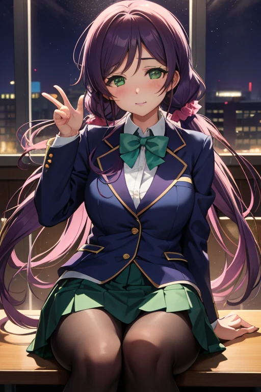 1girl in, Nozomi Tojo, (Green eyes:1.5), Purple hair, Twin-tailed, low twintails, Scrunchie, (Very long hair:1.1), otonokizaka school uniform, (Blue pleated skirt:1.1), School uniform, Blue skirt, (blue blazer jacket:1.2), (green bowtie:1.2), 
sitting at the desk, breasts protruding from clothes,, slight smile, Looking at Viewer, POV, blush, Large breasts, Solo Focus, floating hearts,
masutepiece, Best Quality, beautifullydetailedbackground, Cinematic lighting, Particle, School, crass room, Night, Dark,Black pantyhose