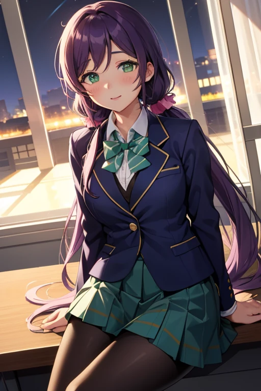 1girl in, Nozomi Tojo, (Green eyes:1.5), Purple hair, Twin-tailed, low twintails, Scrunchie, (Very long hair:1.1), otonokizaka school uniform, (Blue pleated skirt:1.1), School uniform, Blue skirt, (blue blazer jacket:1.2), (green bowtie:1.2), 
sitting at the desk, breasts protruding from clothes,, slight smile, Looking at Viewer, POV, blush, Large breasts, Solo Focus, floating hearts,
masutepiece, Best Quality, beautifullydetailedbackground, Cinematic lighting, Particle, School, crass room, Night, Dark,Black pantyhose