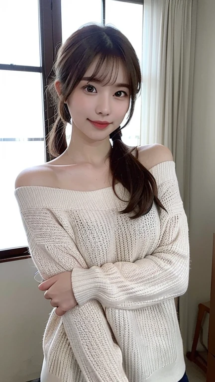 (masterpiece:1.3), (8K, Photorealsitic, Raw photography, Top image quality: 1.4), Japan College Students,(Random hairstyles:1.2)、Super Detail Face、Eye of Detail、二重まぶた、Bring your chest together、foco nítido:1.2、prety woman:1.4、light brown hair、poneyTail,top-quality、masterpiece、超A high resolution、(Photorealsitic:1.4)、Highly detailed and professional lighting smile、Loose and light knitwear、Shoulder out、slender、serious facial expression、Underwear