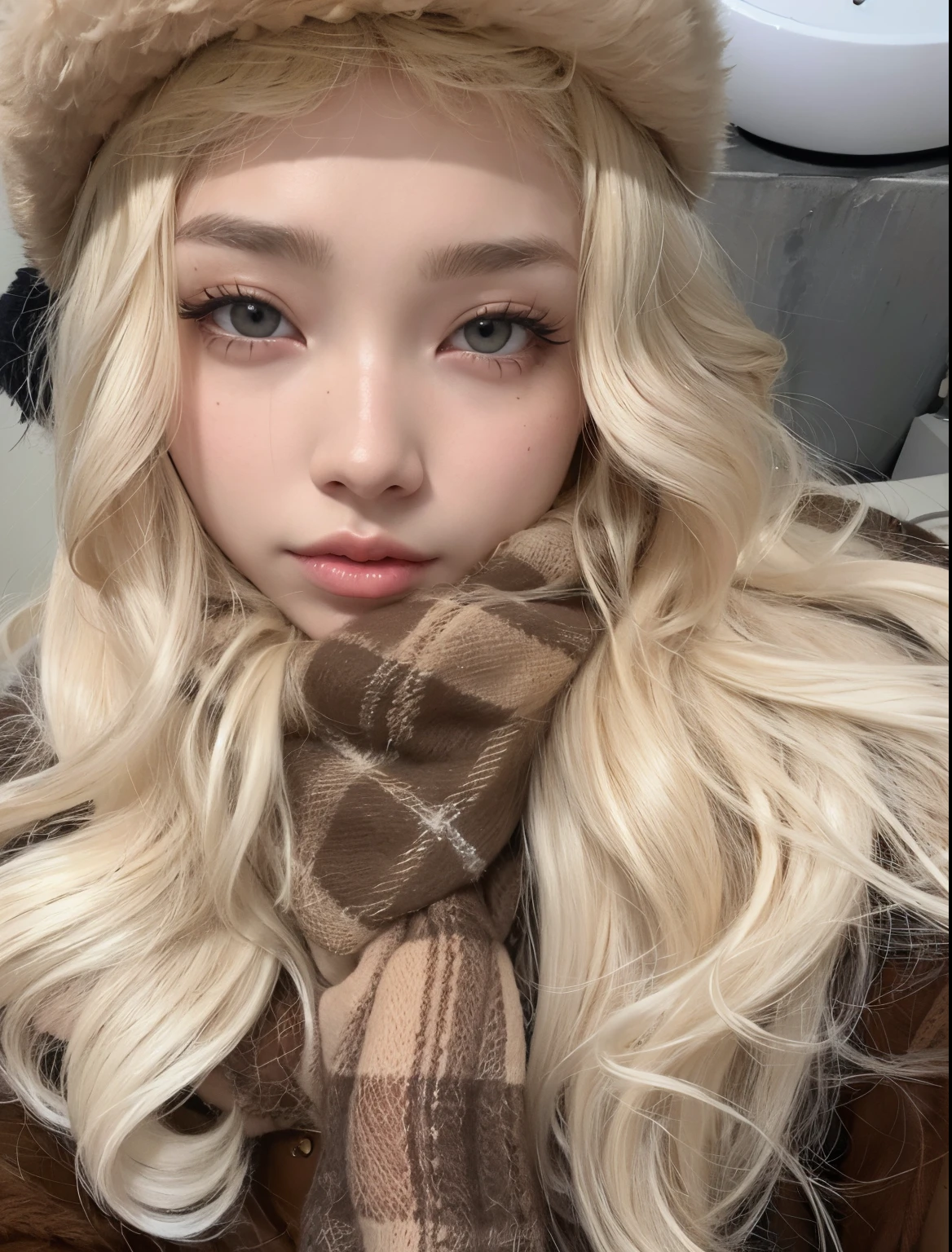 Blond haired girl with a fur hat and scarf posing for a photo, cabelos loiros e olhos grandes, Lalisa Manobal, longos cabelos loiros e olhos grandes, Ulzzang, longos cabelos loiros e olhos grandes, menina perfeita de cabelos brancos, pale skin curly blond hair, cara muito bonita, very very pale blond hair, extremely pale blond hair, menina coreana