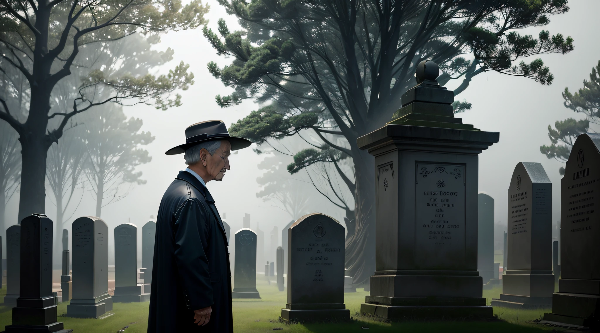 side shot:at different moments,My grandfather always brings back a woman mysteriously。
Description of the screen:on a moonlit night,Grandpa walked slowly in the foggy cemetery,The character appears lonely and mysterious。
Characters wear:Grandpa is wearing an ancient Chinese tunic suit,Wear a wide-brimmed hat。
localization/lack of expressiveness/Doing it:Grandpa squats in front of the grave,Deep eyes,As he gently touches the tombstone。
enviroment/llight rays:natta,The cemetery is shrouded in a thin layer of fog,Moonlight adds a touch of mystery。