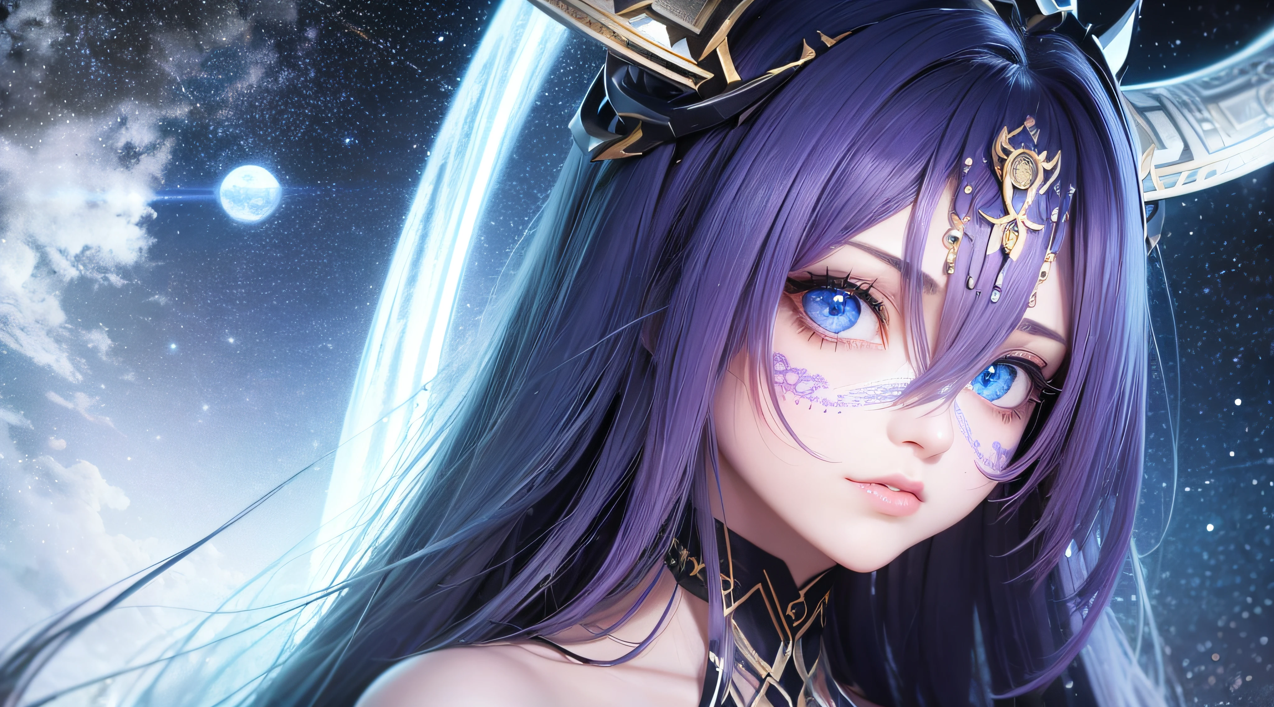 (melhor qualidade,Ultra - Detalhado,best illustration,Melhor sombra,tmasterpiece,A high resolution,ProfissionalArtwork,obras de arte famosas),Olhos detalhados,Olhos belos,scientific fiction,esclera colorida,robot eyes,marcas faciais,Tatuado com,(fractalizado,olhos fractais), Cosmic eyes,Olhos espaciais,corpo da escultura de metal de uma mulher com uma lua em seu cabelo,deusas。Detalhe extremamente alto,Retrato da deusa 3D,Imagens extremamente detalhadas da deusa,Um retrato impressionante de uma deusa,Imagem lateral da deusa,Retrato de uma bela deusa,Retrato de corpo inteiro da deusa,hecate goddess,portrait of a norse moon goddess,goddess of space and time