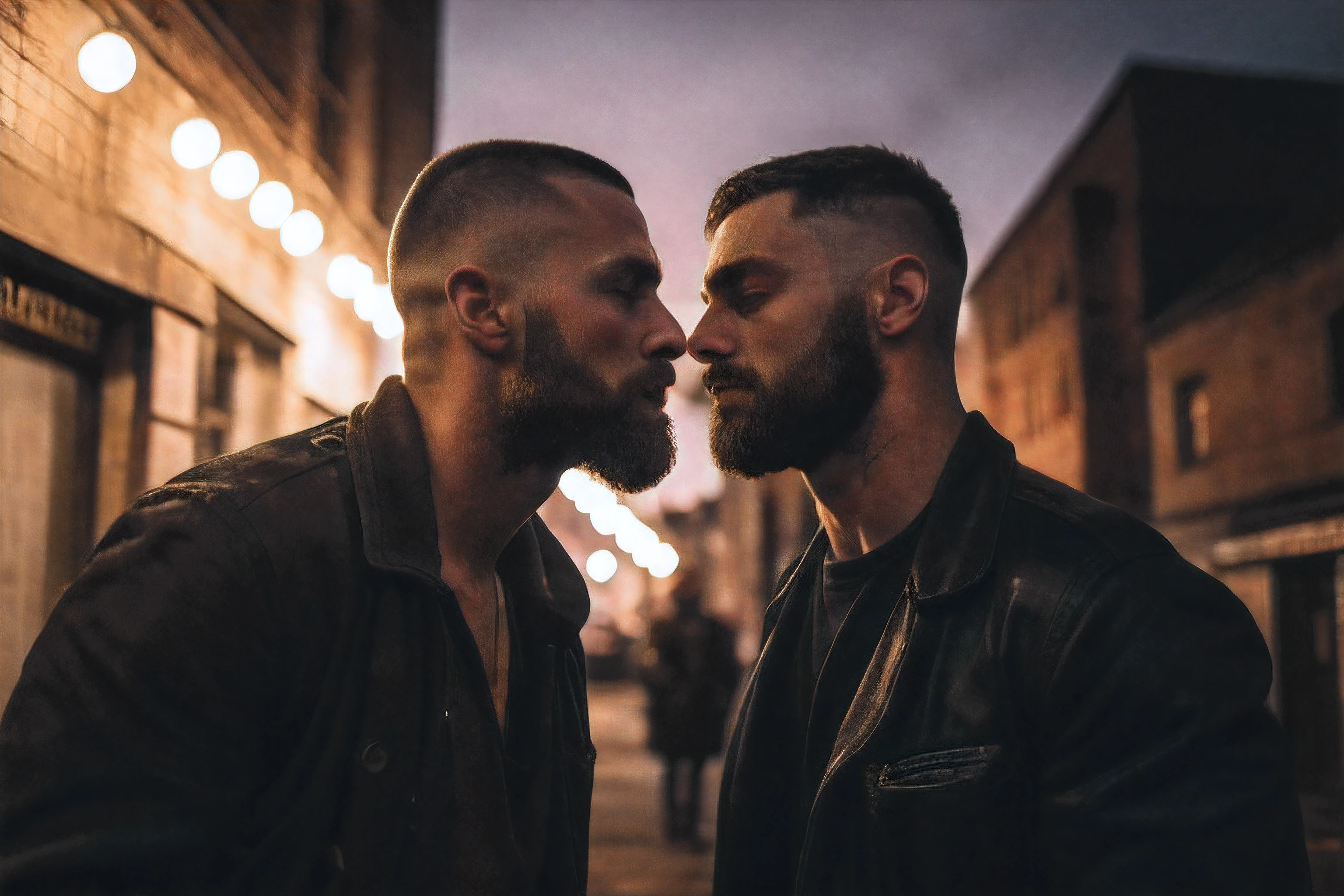 forbidden love, masterpiece, best quality, 2boys, adult males, beards, chavs, rough, dirty, Mancunian, mean, bullies, druggies, skinheads, in the neighbourhood, , soft kiss , romantic, realistic, dramatic lighting, atmospheric, intricate detail, epic shot, still image