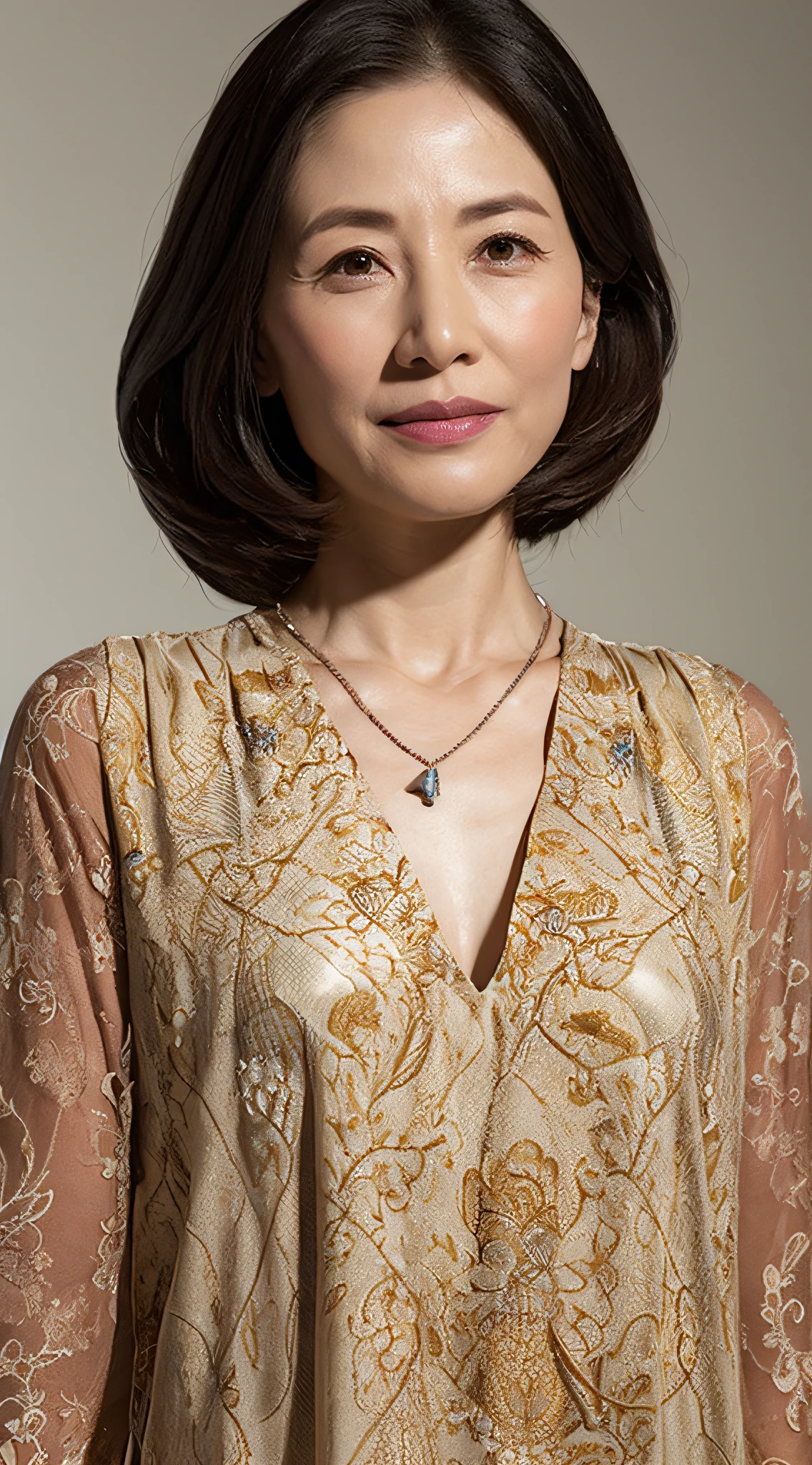 Beautiful background, Intaglio printing, facing the front there, Wearing a necklace, Fancy makeup, from chest up, tmasterpiece, Best quality, ultra - detailed, realistically, Ultra-delicate skin, perfect anatomia, (1 Chinese mature woman), 45 yers old, , mature, Charismatic, an sexy, Whitish skin tone, looking at the camera in